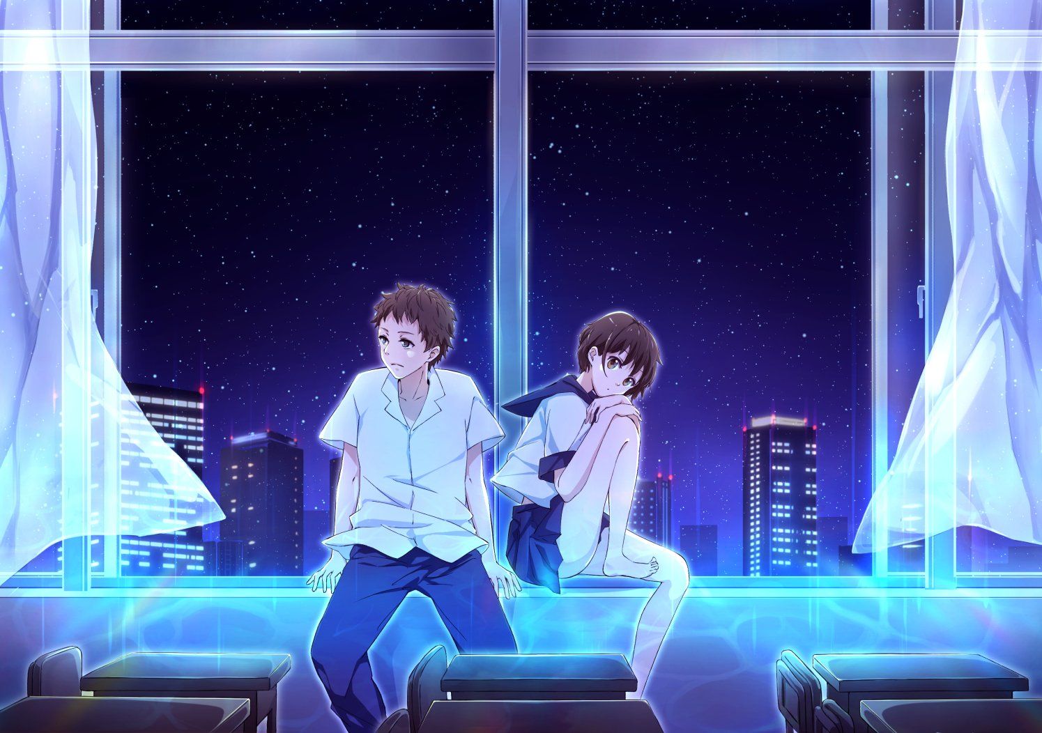 Original blue night stars couple anime school uniform wallpaper