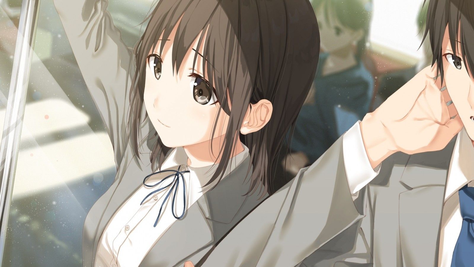 Download 1600x900 Anime Couple, School Uniform, Train, Sunlight