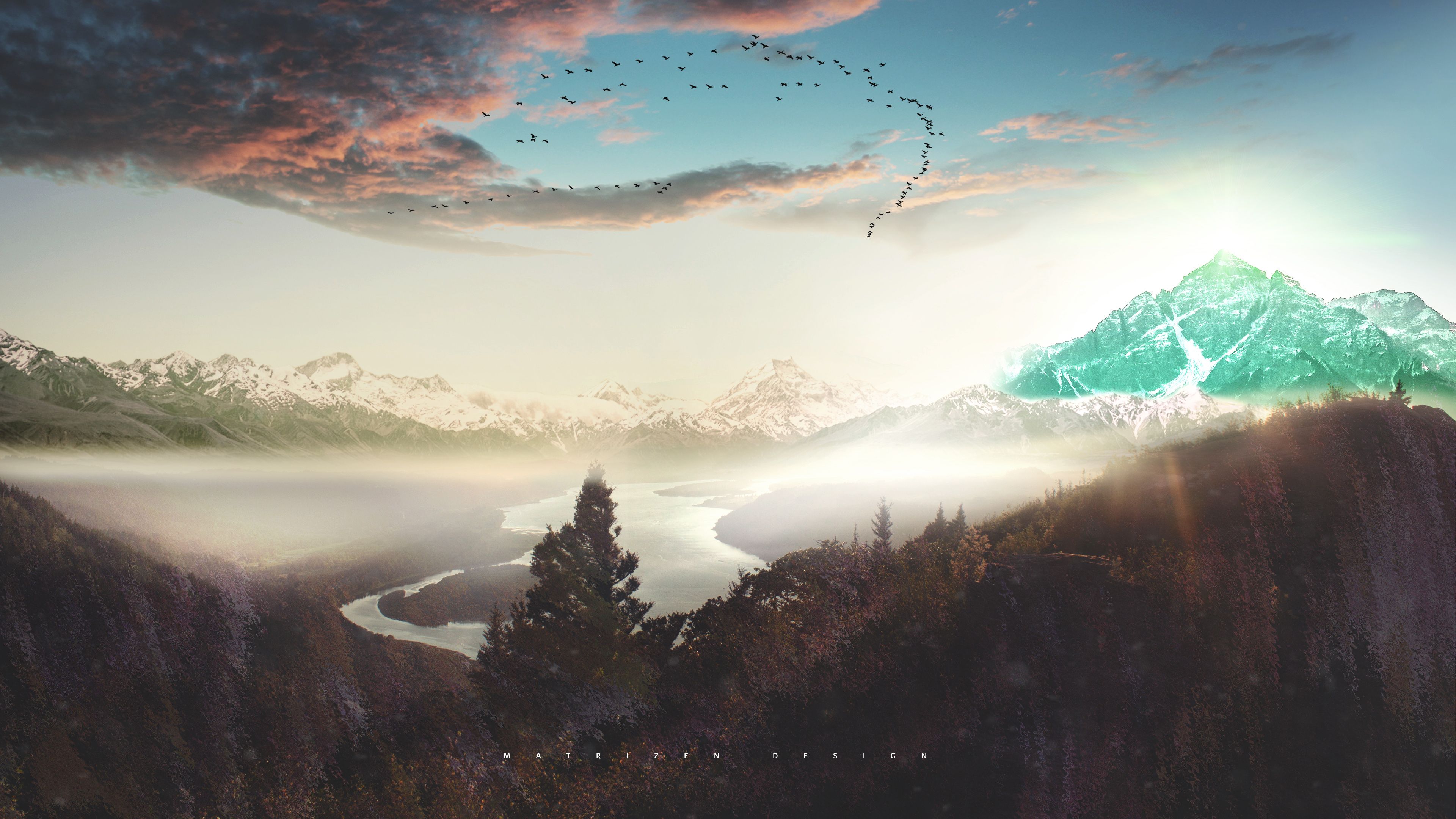 Photo Manipulation Mountains Clouds River Snow Sunset Concept