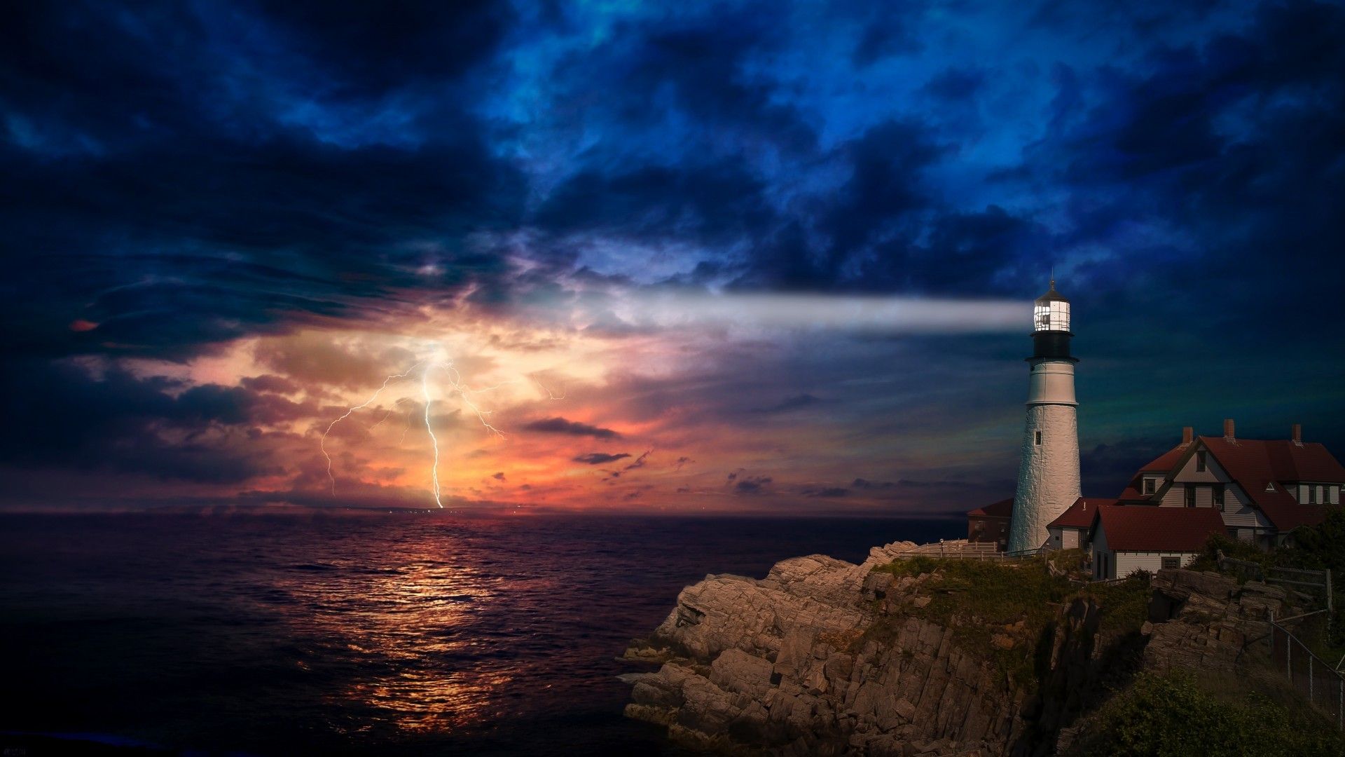 Download 1920x1080 Lighthouse, Sunset, Clouds, Lightning, Horizon