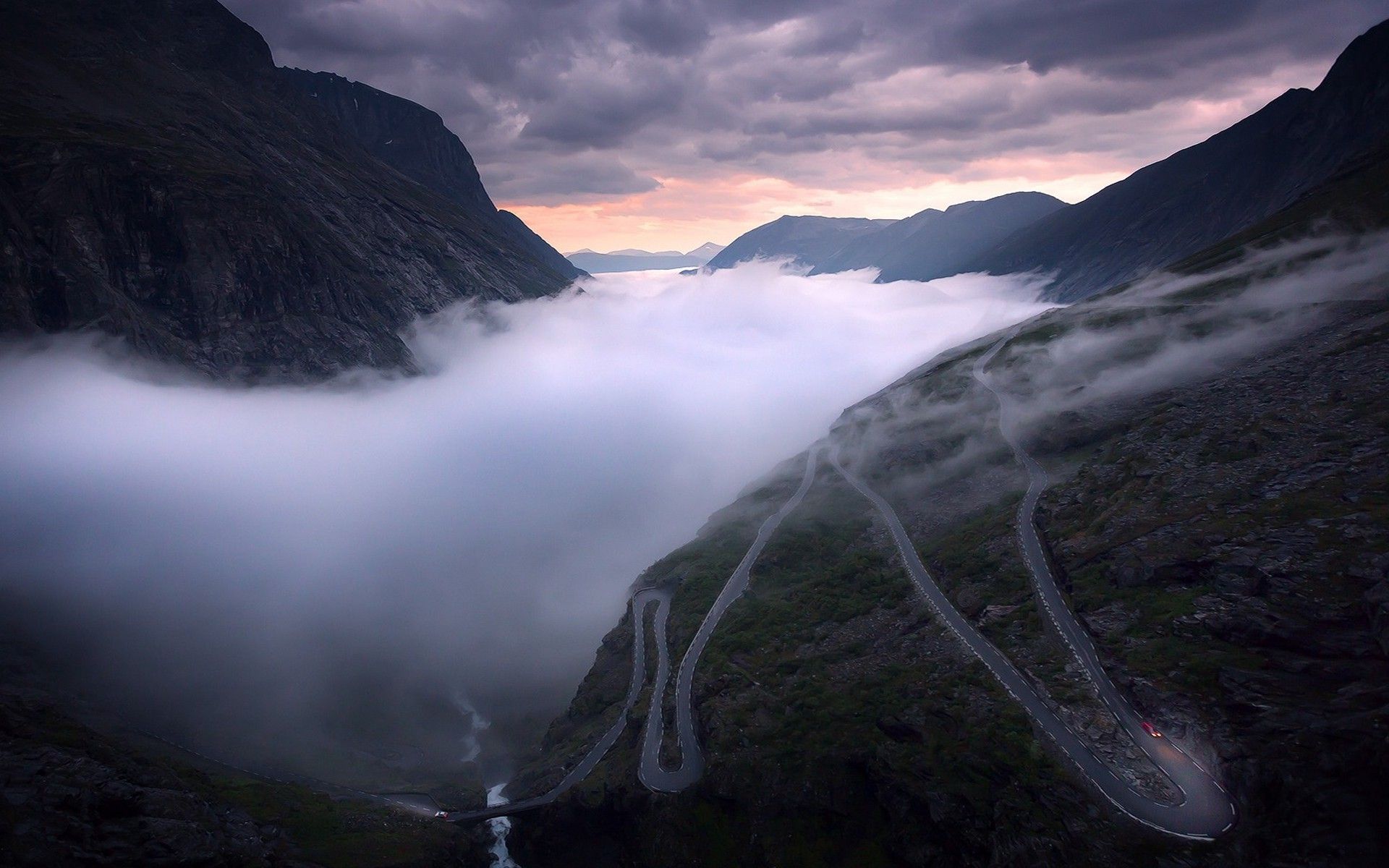 nature, Landscape, Road, Mist, Mountain, Clouds, Valley, River