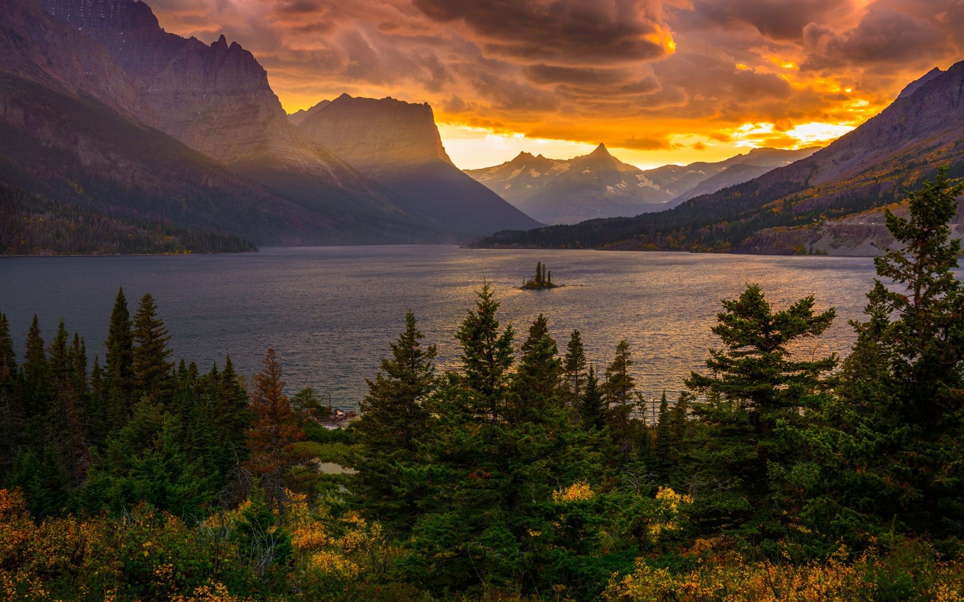 Wallpaper Lake, mountains, trees, red clouds, sunset 1920x1200 HD
