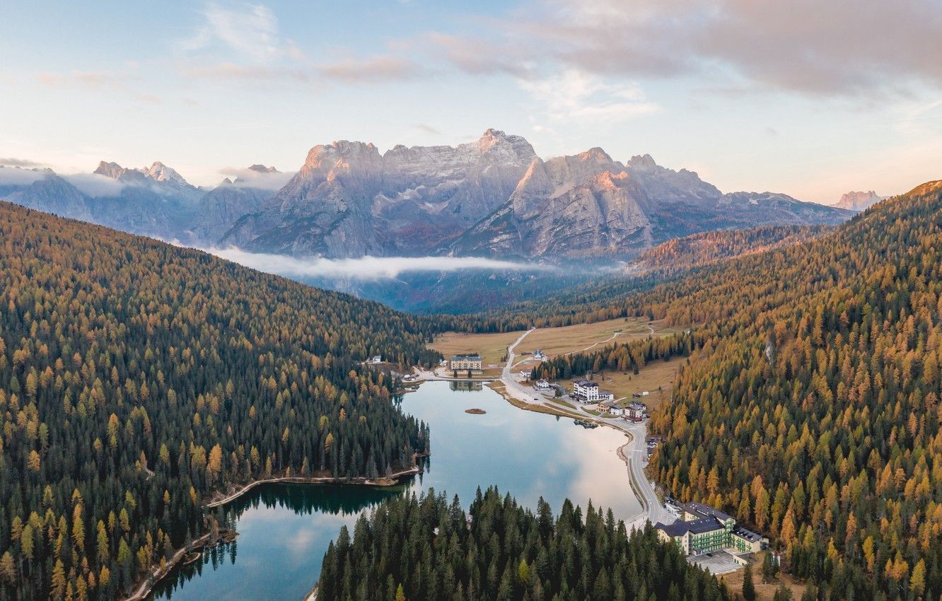 Wallpaper city, forest, trees, autumn, mountains, lake, landscapes, buildings, height, aerial view, 4k ultra HD background, In italy, Belluno image for desktop, section пейзажи