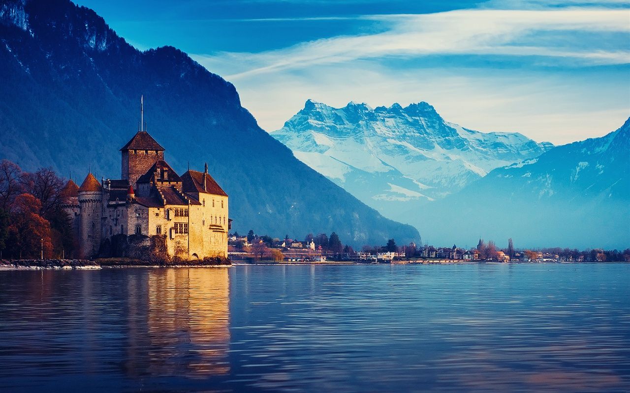 Wallpaper Switzerland, Lake Geneva, house, mountains, water, blue
