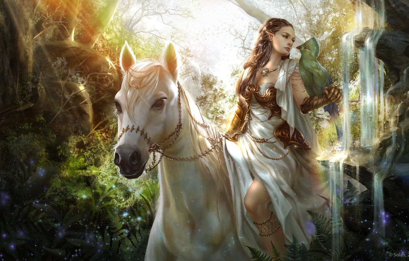 Wallpaper look, girl, bird, horse, art, elf, fantasy, animal