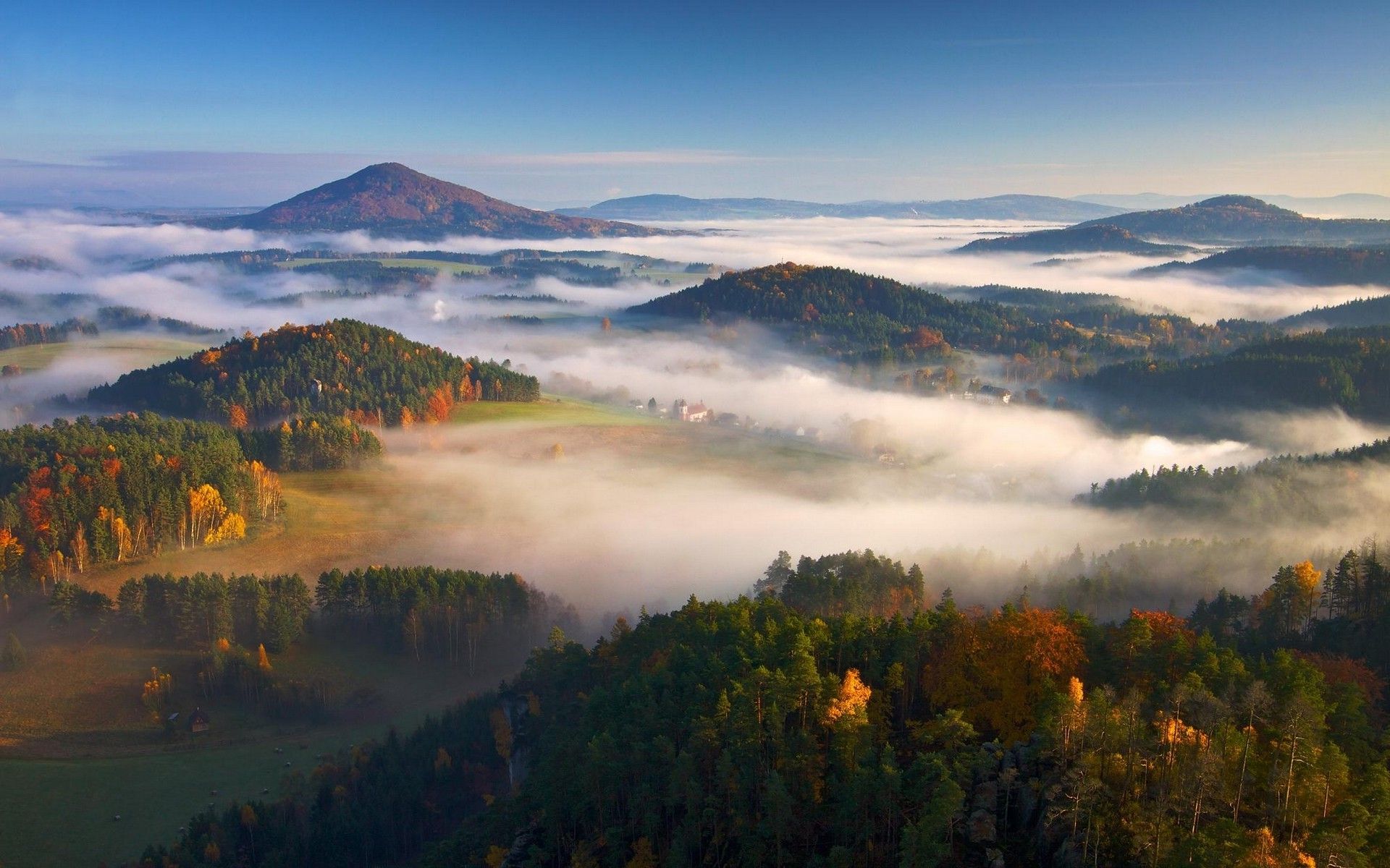 nature, Landscape, Mist, Sunrise, Fall, Mountain, Forest, Village, Morning Wallpaper HD / Desktop and Mobile Background