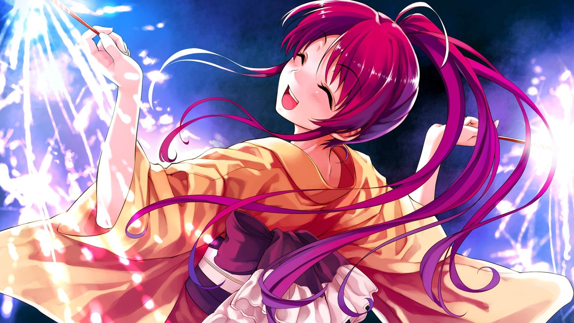 Wallpaper Happy anime girl, red hair, kimono, fireworks, sparks