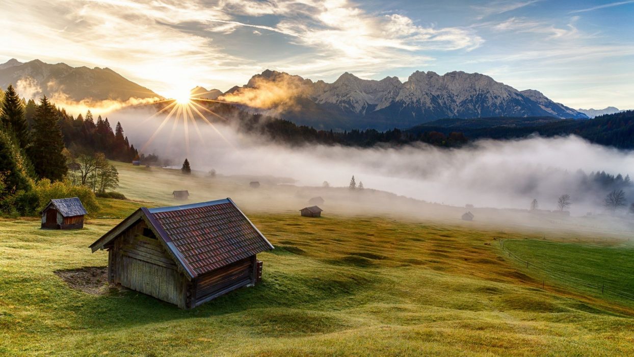 Bavaria mountain house meadow morning landscape wallpaperx1080