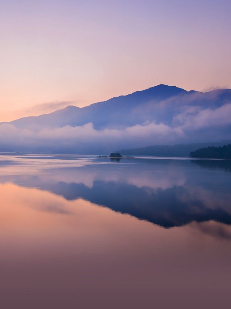 Mountain 4K Wallpaper, Sunrise, Foggy, Lake, Reflection, Dawn