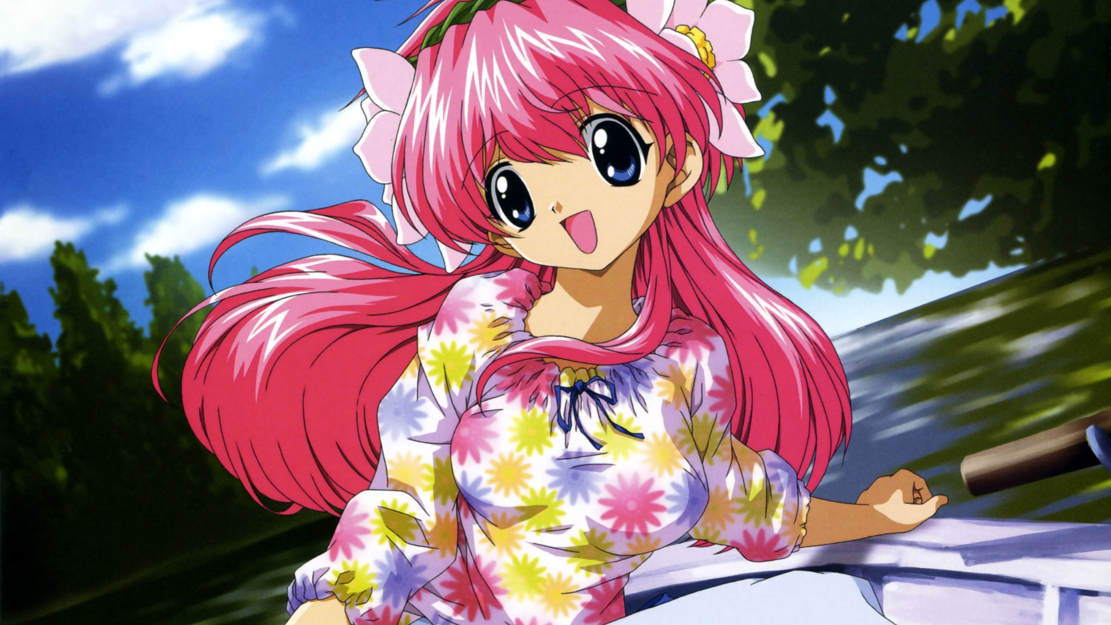 Wallpaper Happy pink hair anime girl, blue eyes 3840x2160 UHD 4K