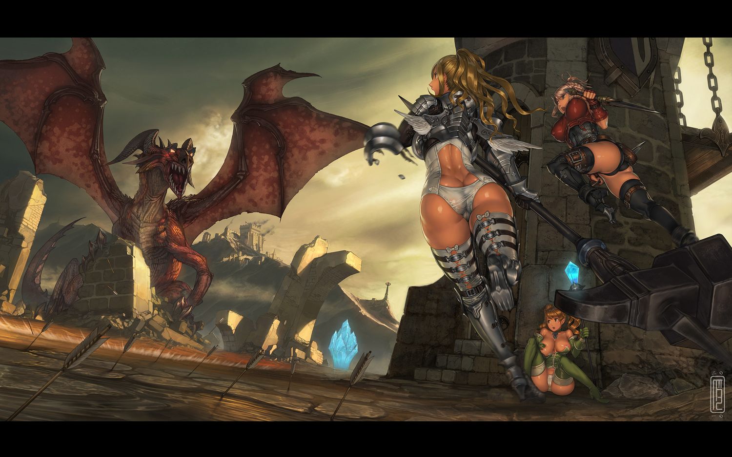 women, ass, nipples through clothing, spread legs, anime, armor