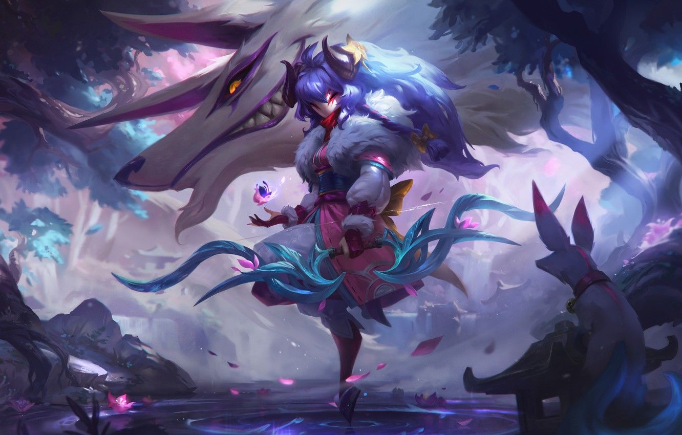 Wallpaper League of Legends, Skin, Kindred, Spirit Blossom image