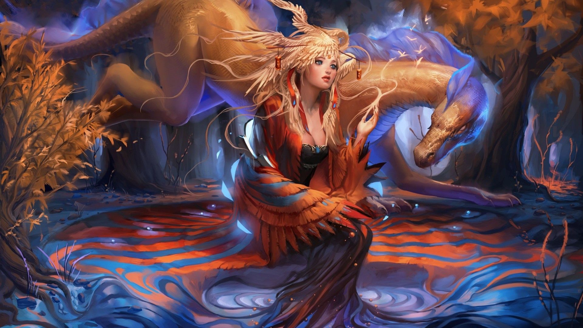 Fantasy Art Girl Dragon Forest Princess Magic Wings HD Wallpaper