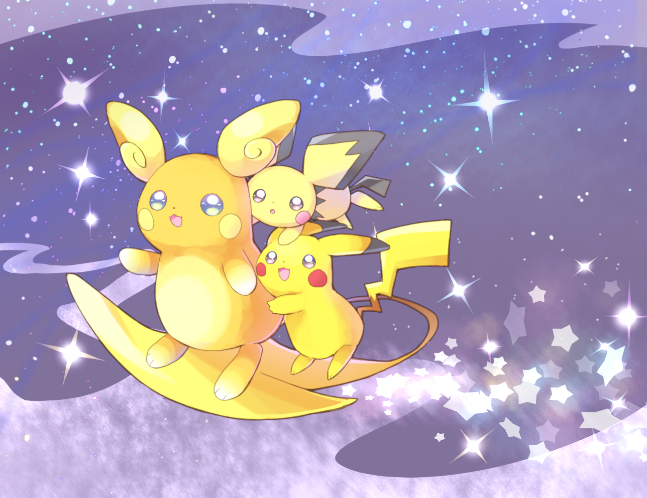 Pichu and Pikachu surfing with Alolan Raichu. Pokémon Sun