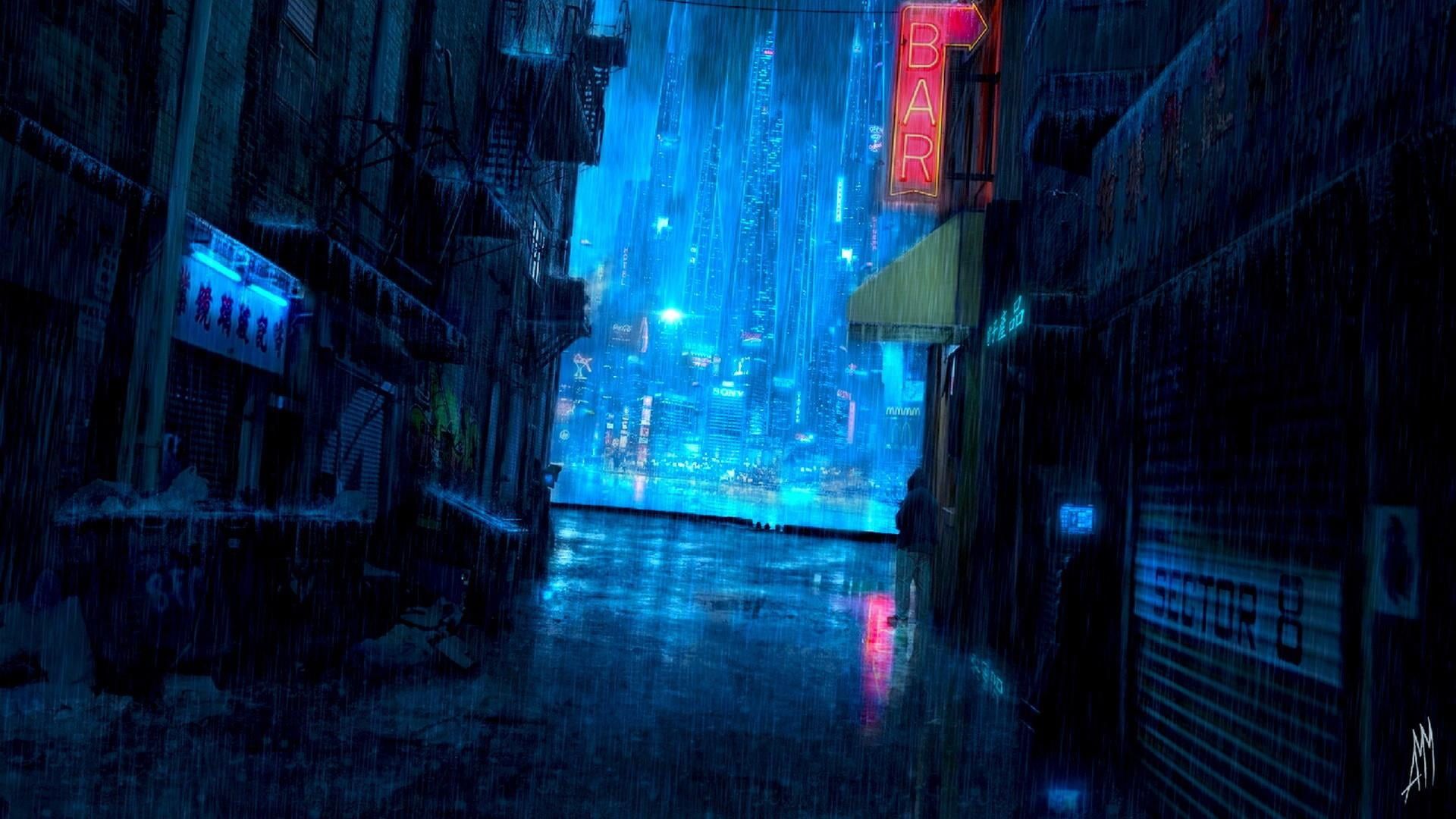 Cyberpunk rain aesthetic water city .wallpaperforu.com