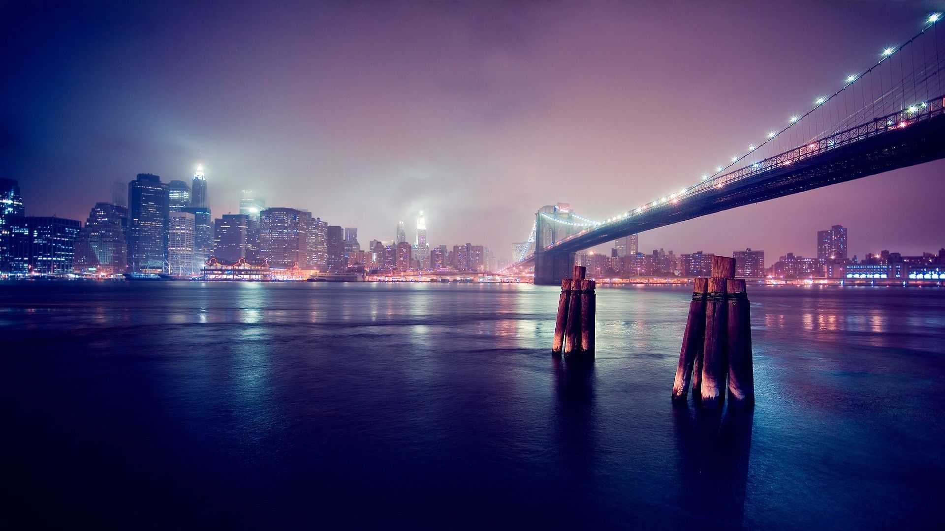 New York City, #bridge, #city, #night, #skyline, #Manhattan, #clouds, #river, #building, #USA, #skyscraper, #cityscape, #Brooklyn Bridge, #lights, #digital art. Bridge wallpaper, City wallpaper, Urban landscape