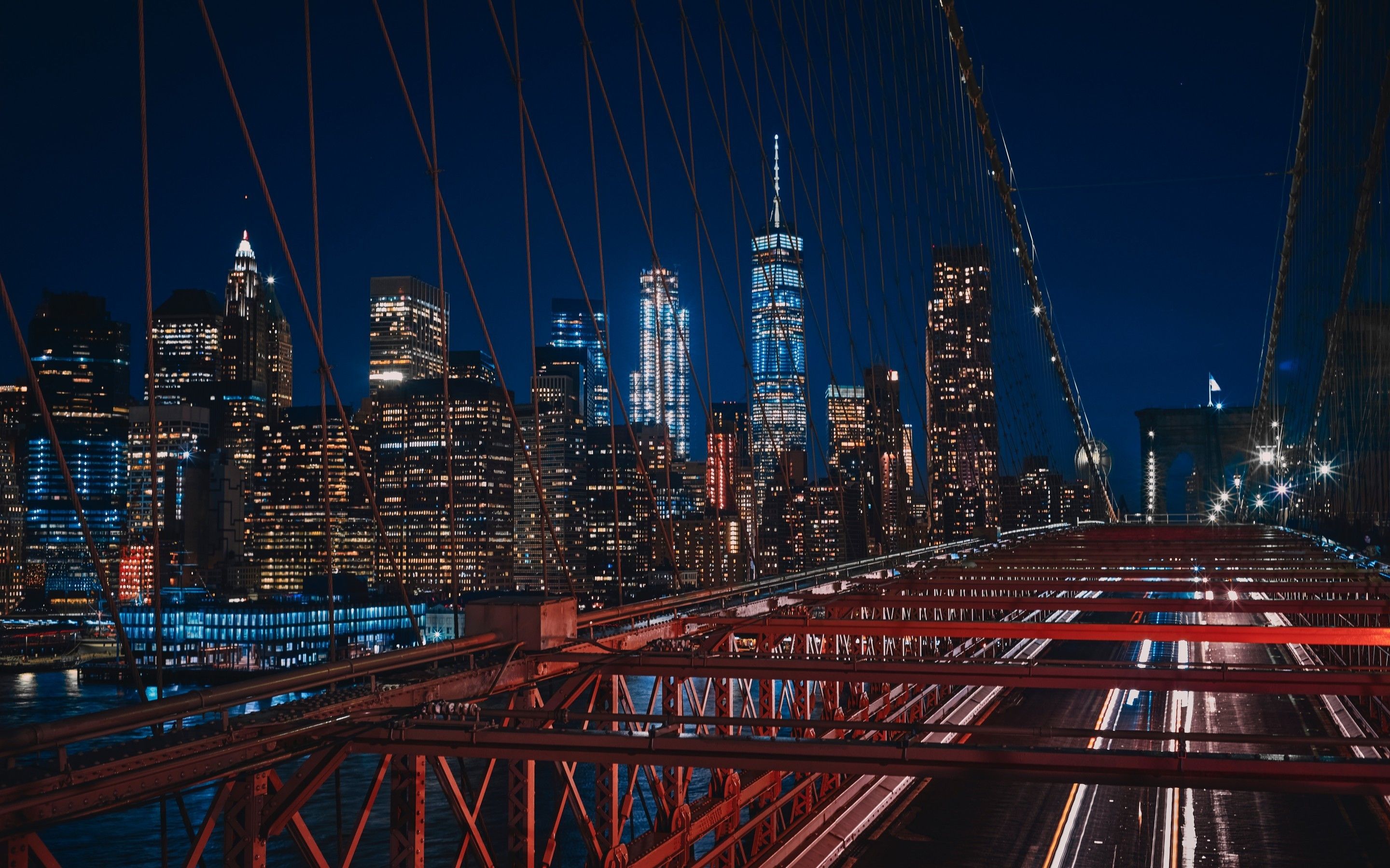 Download 2880x1800 Brooklyn Bridge, New York, Night, Skyscrapers, Buildings, Lights Wallpaper for MacBook Pro 15 inch