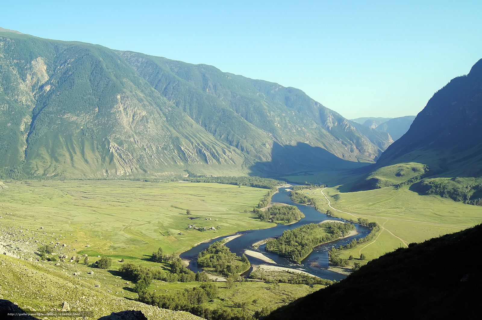Download wallpaper river, valley, summer, Mountains free desktop
