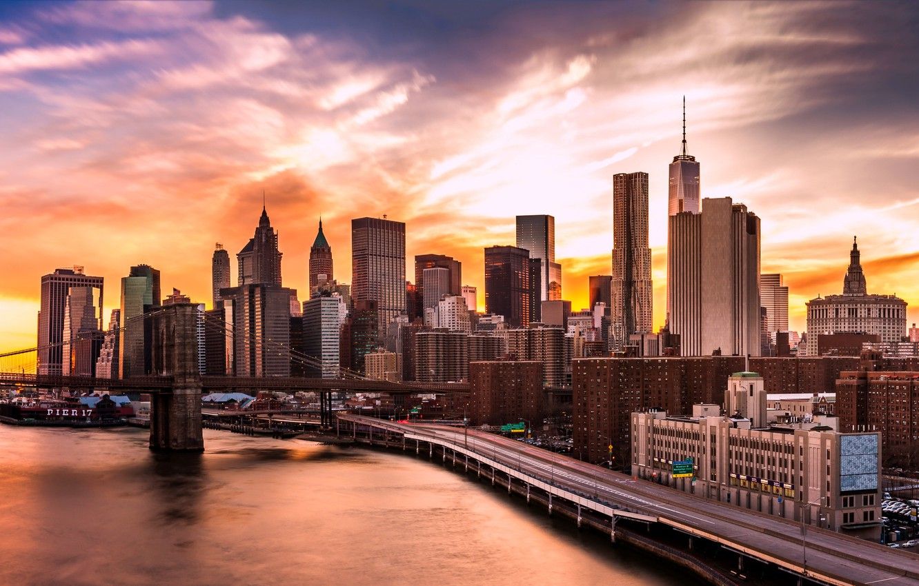 Wallpaper lights, USA, river, sky, bridge, sunset, New York, Manhattan, Brooklyn Bridge, skyscrapers, harbour, East River image for desktop, section город
