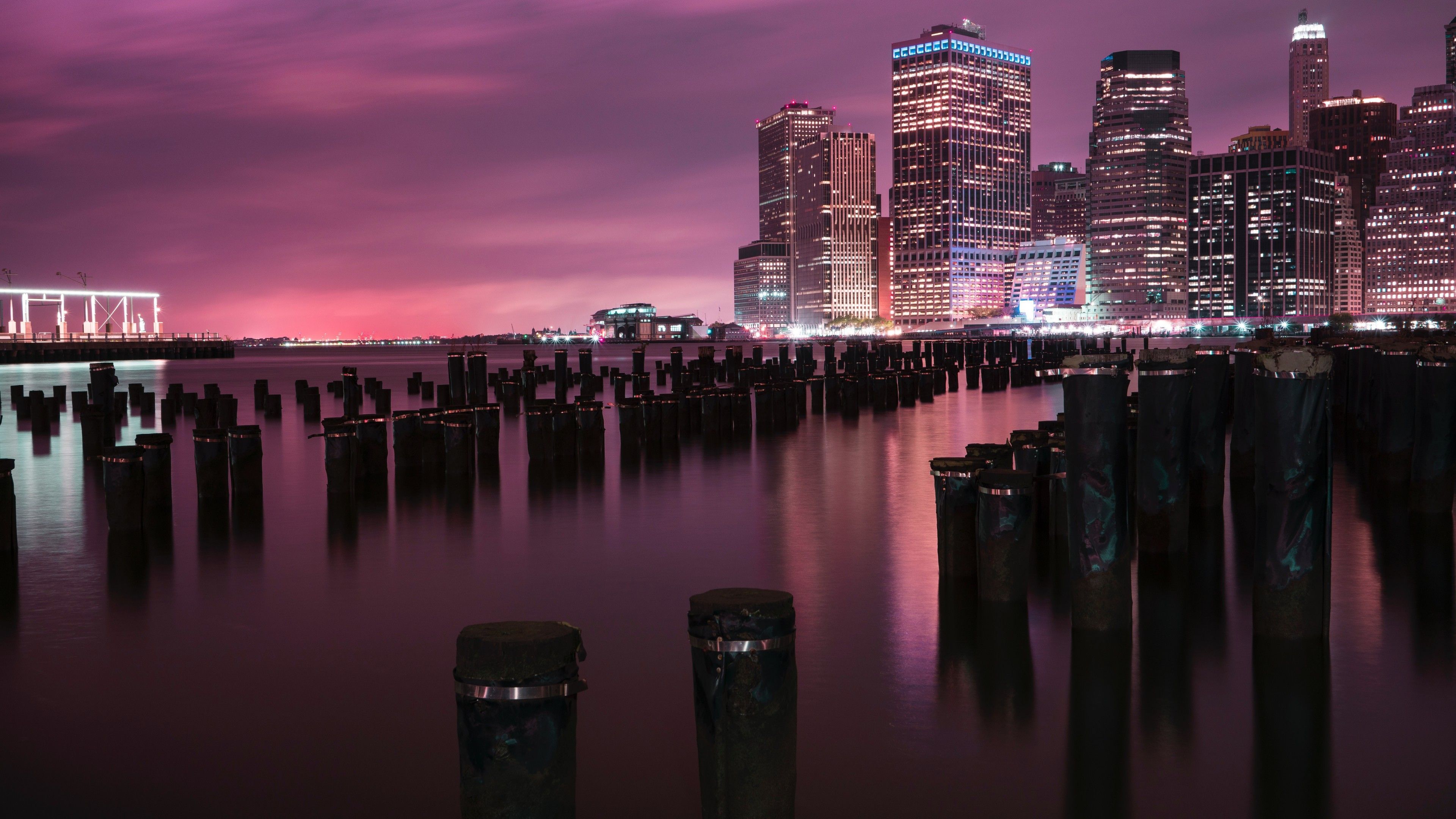 Wallpaper Brooklyn Bridge Park, River, Reflections, New York City, Night, World,. Wallpaper for iPhone, Android, Mobile and Desktop