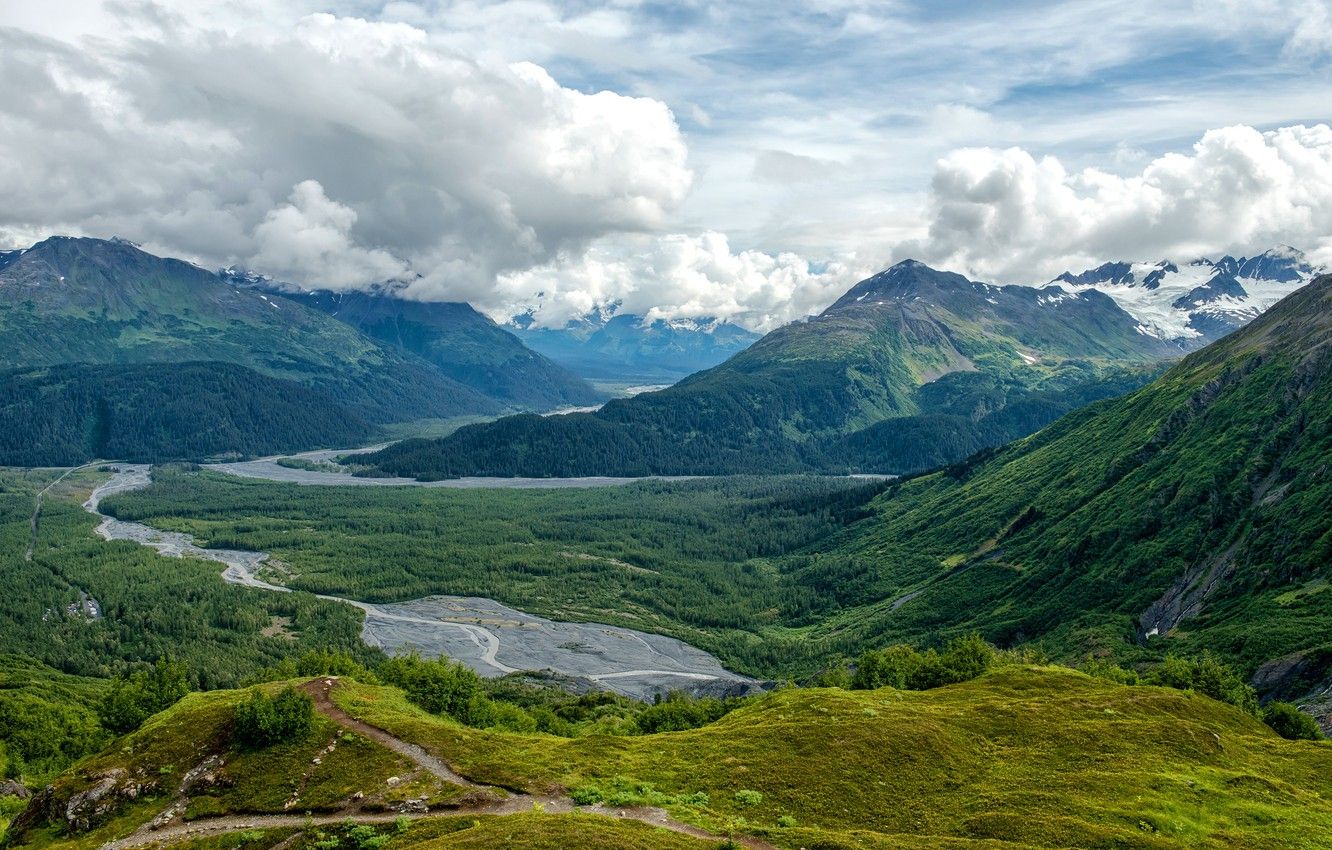 Wallpaper forest, clouds, mountains, river, valley, Alaska