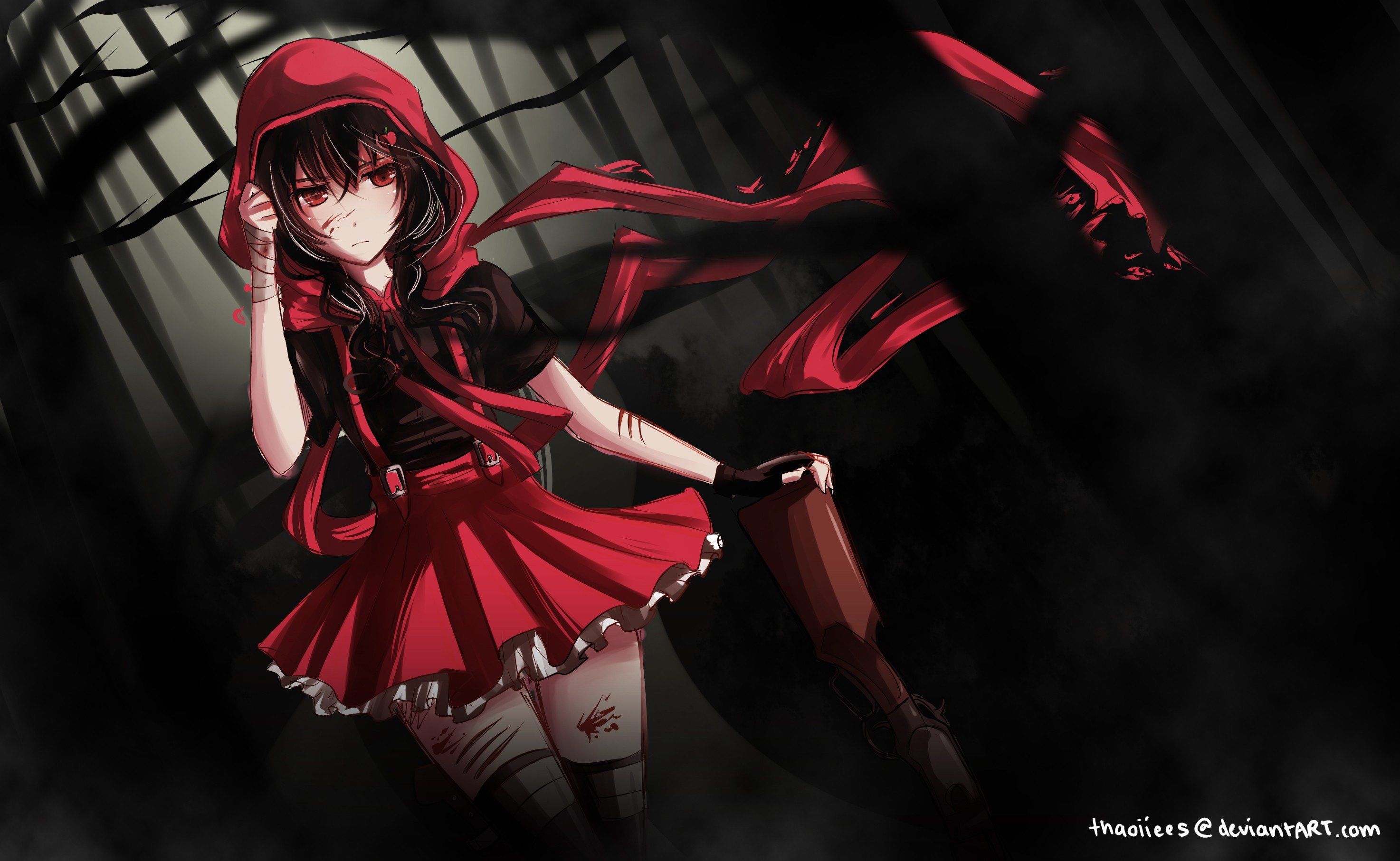 Rifles trees forests text blood skirts long hair weapons scars red