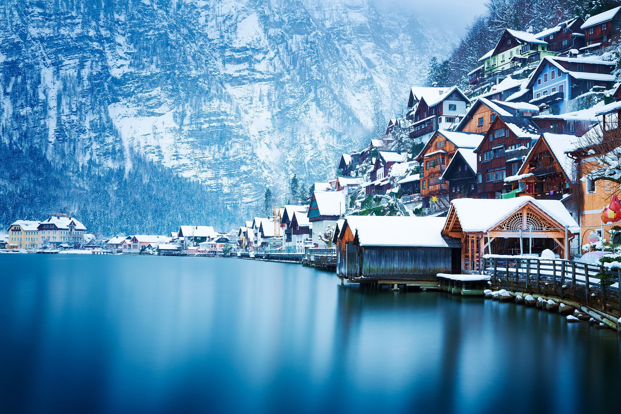 Wallpaper Hallstatt, Austria, mountains, lake, snow, winter, house