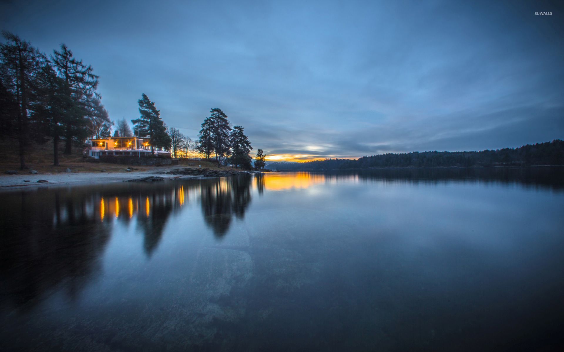 Golden sunset over peaceful lake wallpaper wallpaper