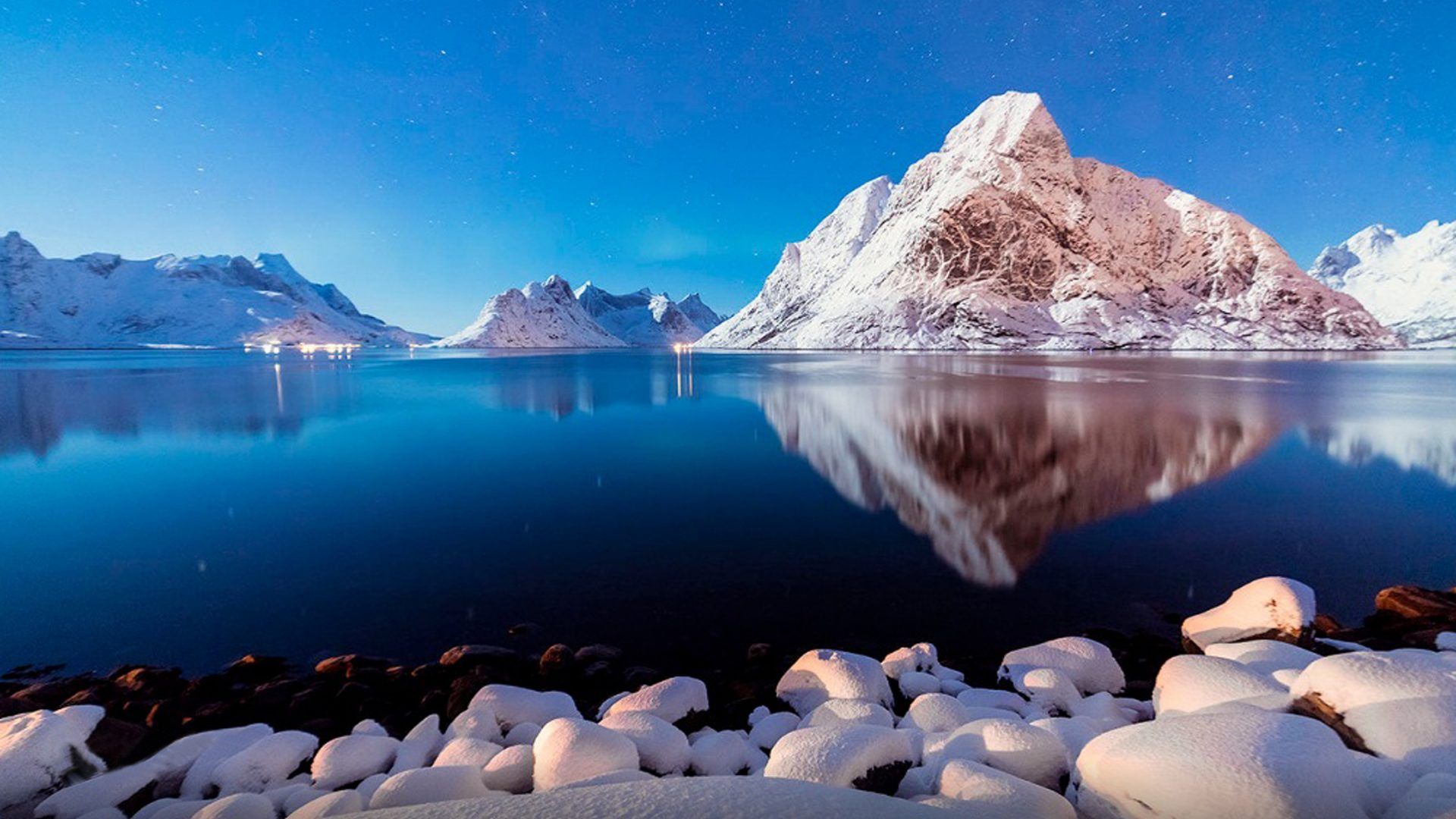 Winter Peaceful Lake Shore Stones, Snow Mountains, Blue Reflection