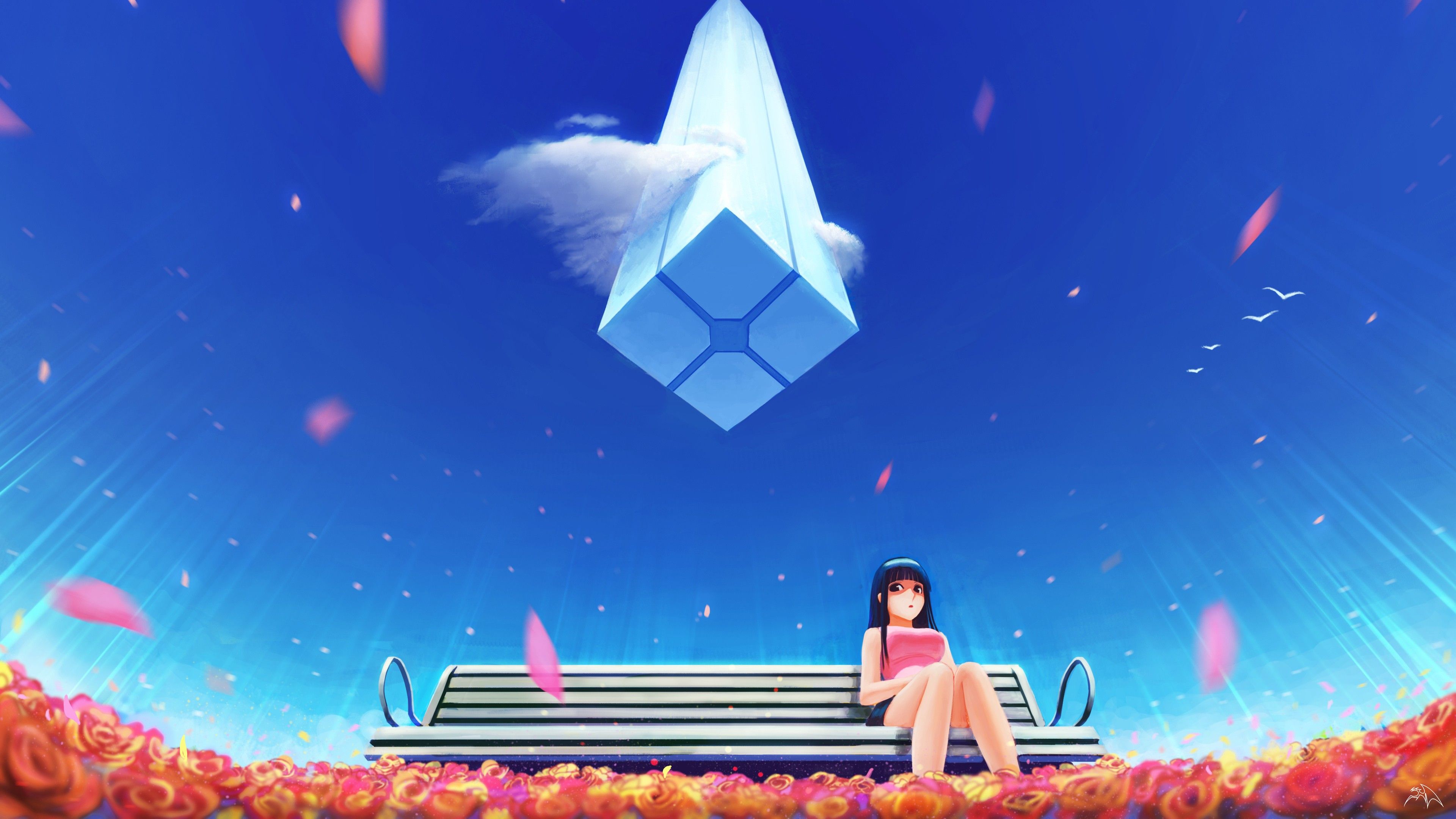 Anime Girl Alone Bench Blue Sky 4K Wallpaper