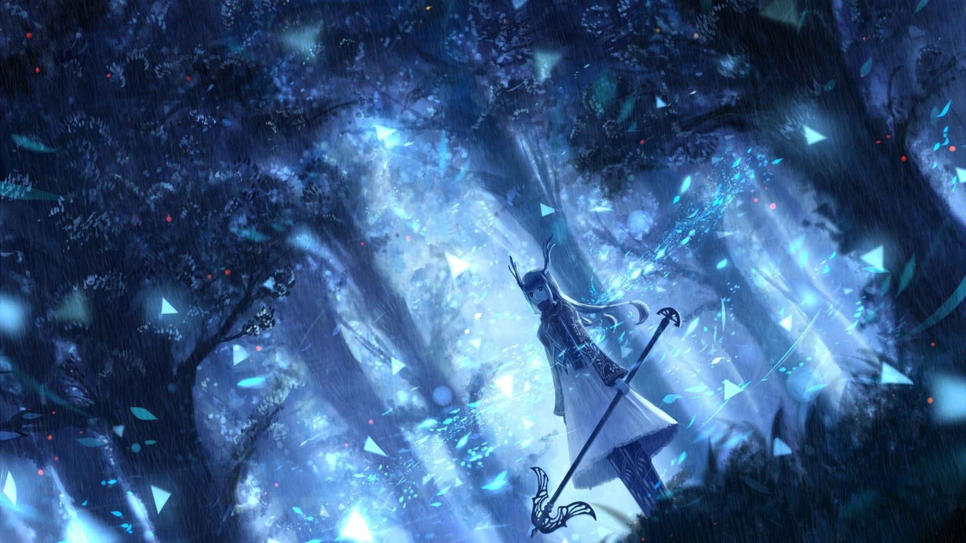 Download 1920x1080 Anime Girl, Magical, Staff, Blue Forest