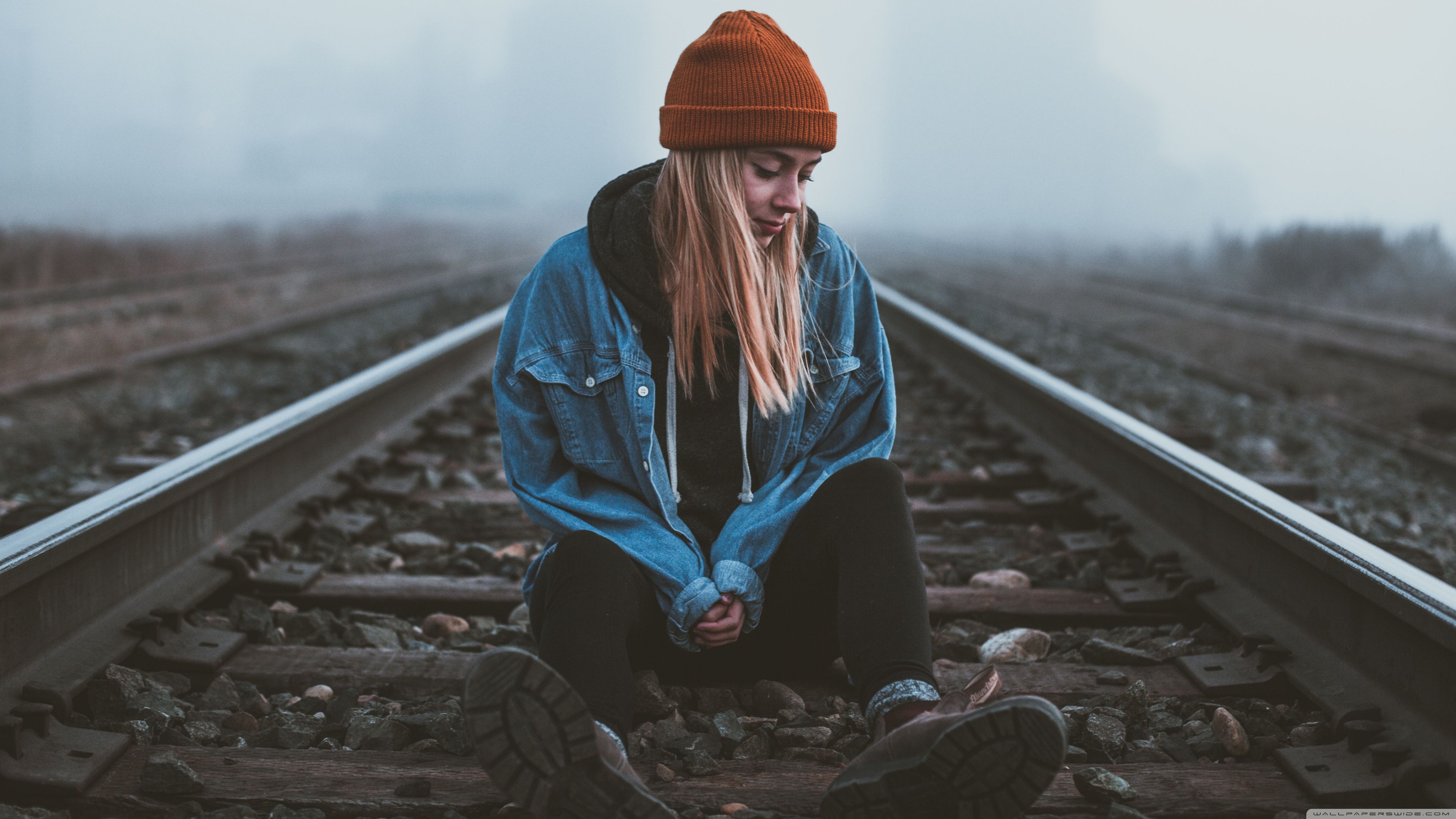 Alone Girl, Silent, Railroad Ultra HD Desktop Background Wallpaper