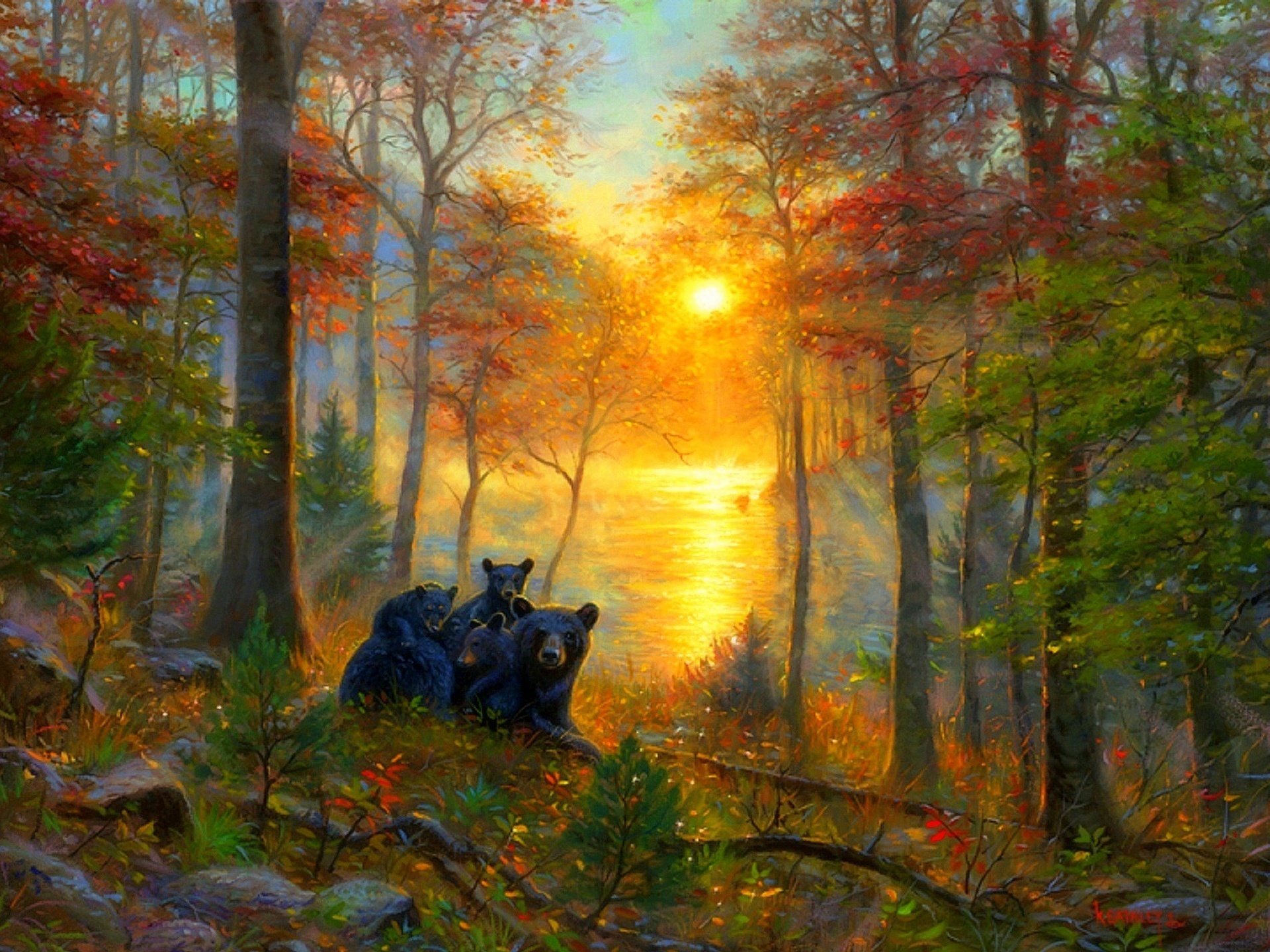 Family of Bears in Autumn Woods HD Wallpaper. Background Image