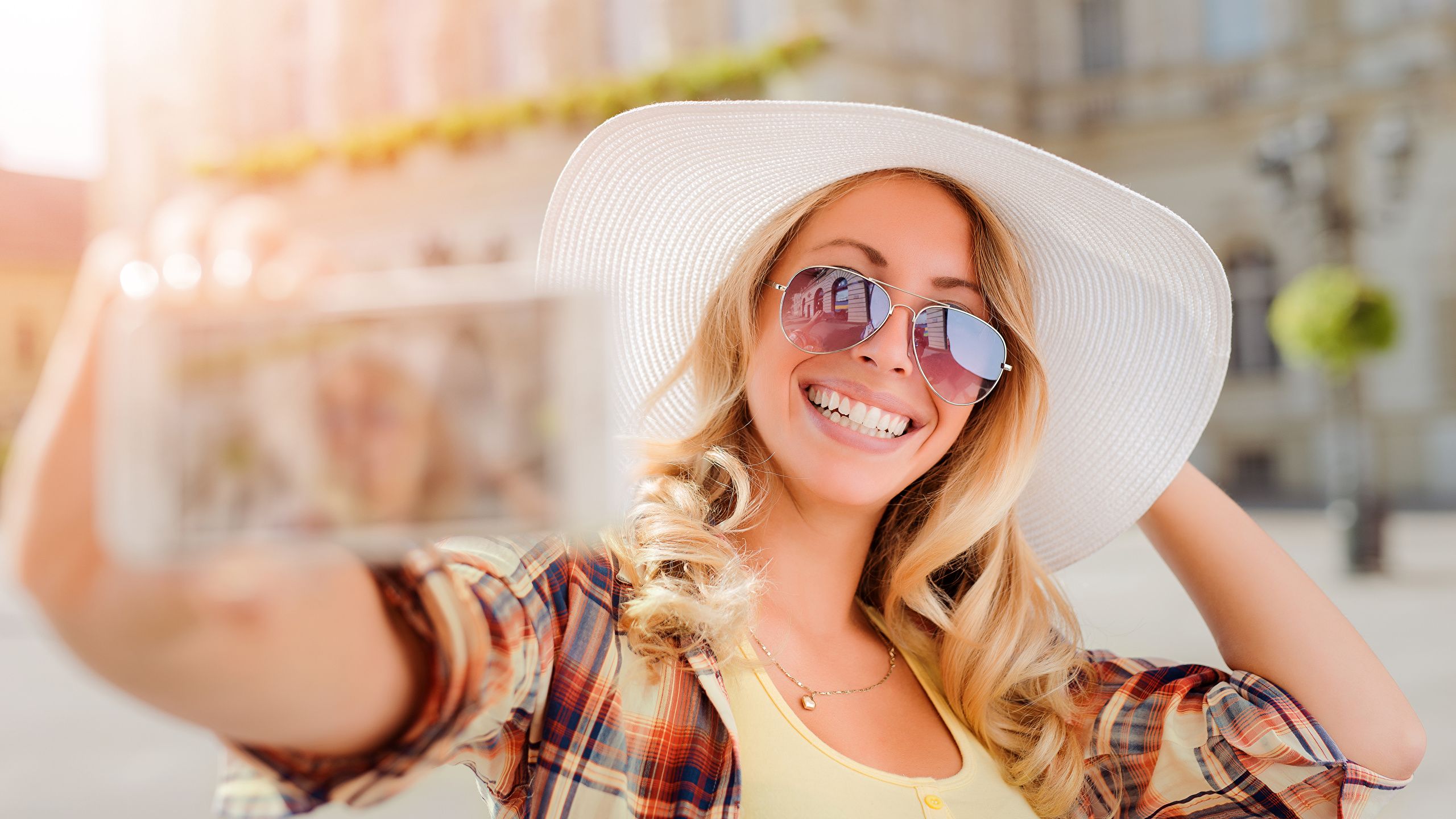 Picture Blonde girl Smile Selfie Hat female Glasses 2560x1440