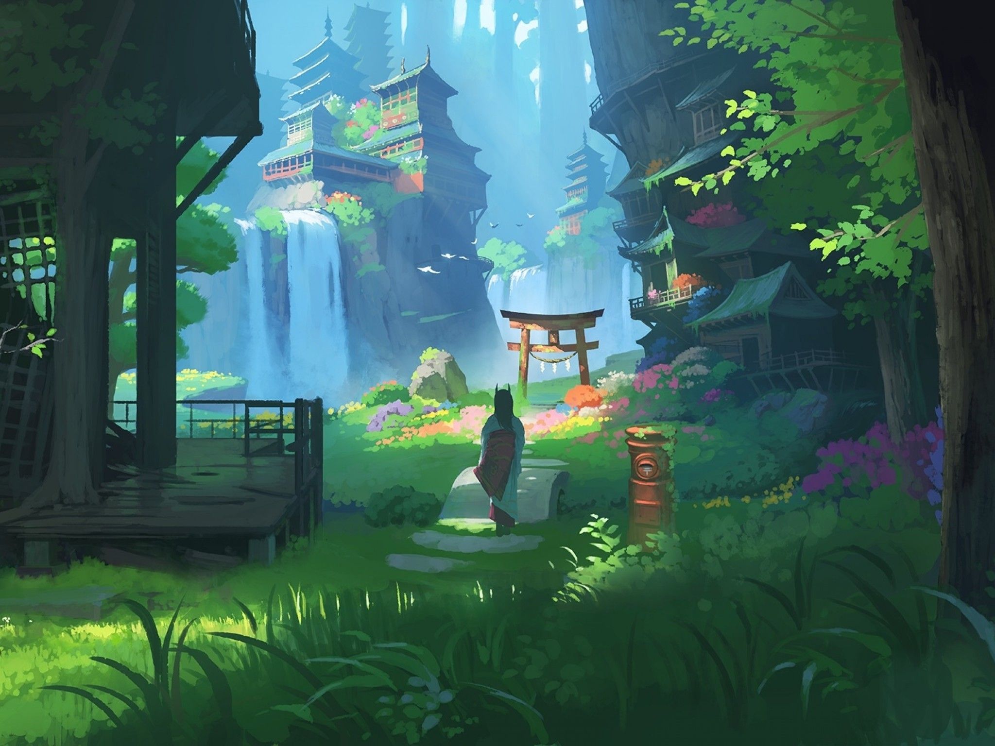 Download 2048x1536 Anime Landscape, Waterfall, Fantasy, Asian