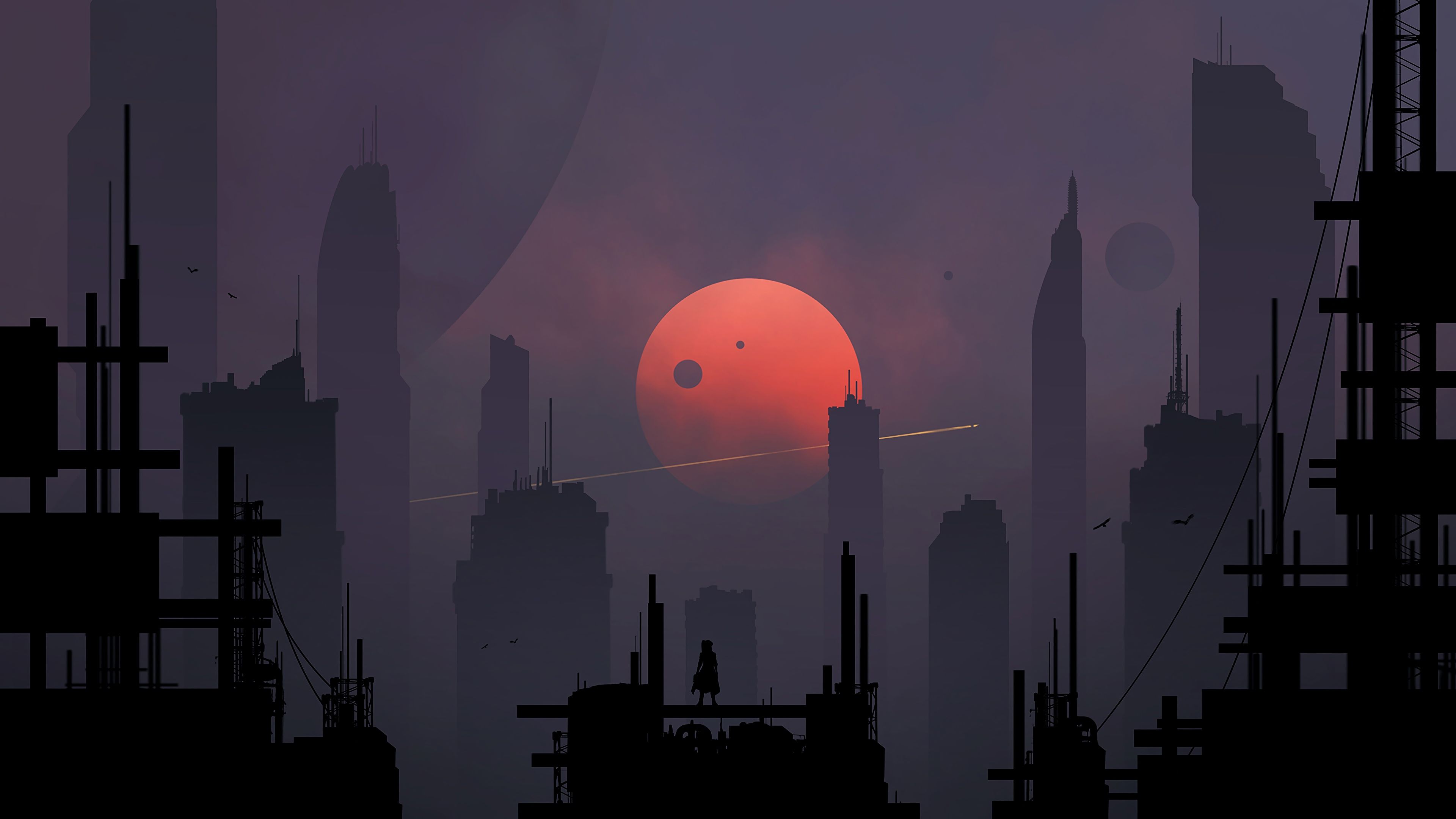 Sci Fi City Red Moon Minimalist Minimalism 4K