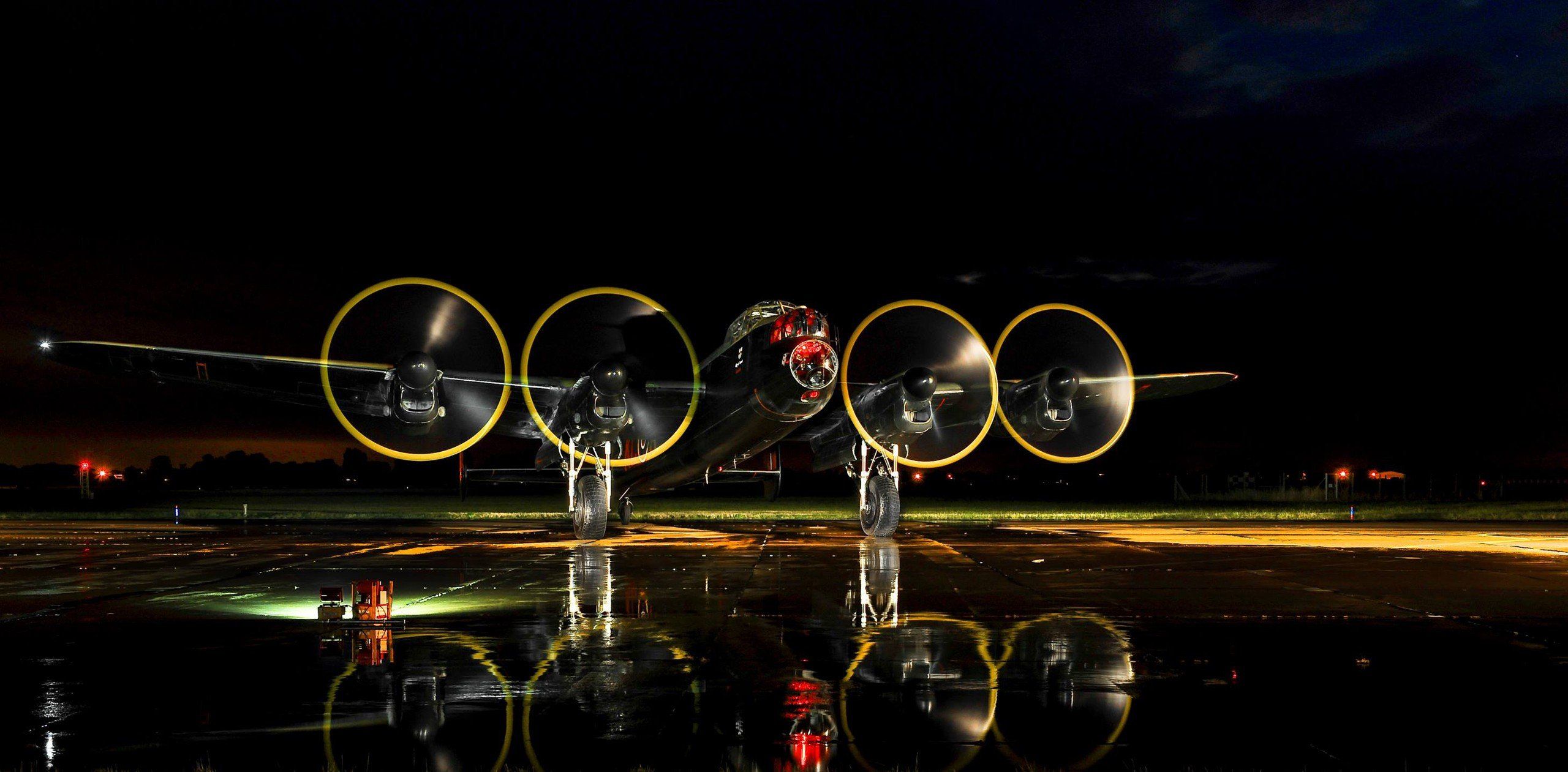 Avro Lancaster, Planes, Bomber, Reflection, Runway, Night