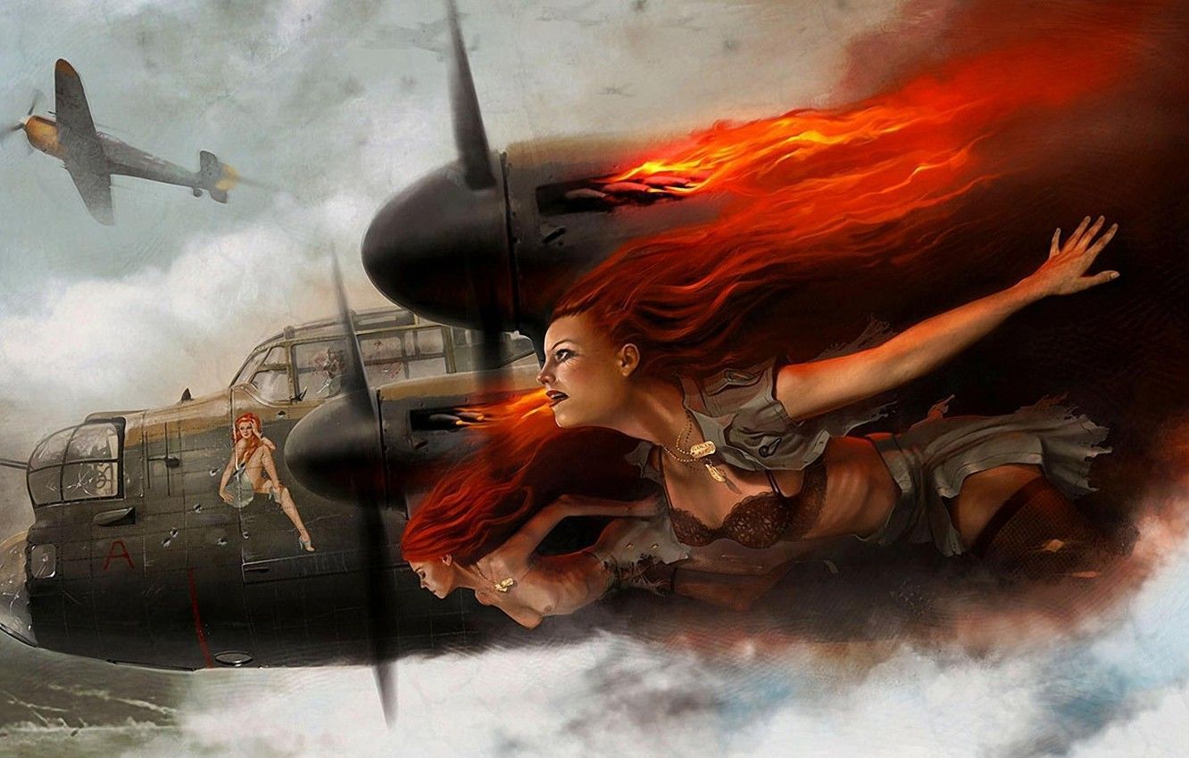 Wallpaper chest, the sky, the plane, girls, fire, flame, underwear