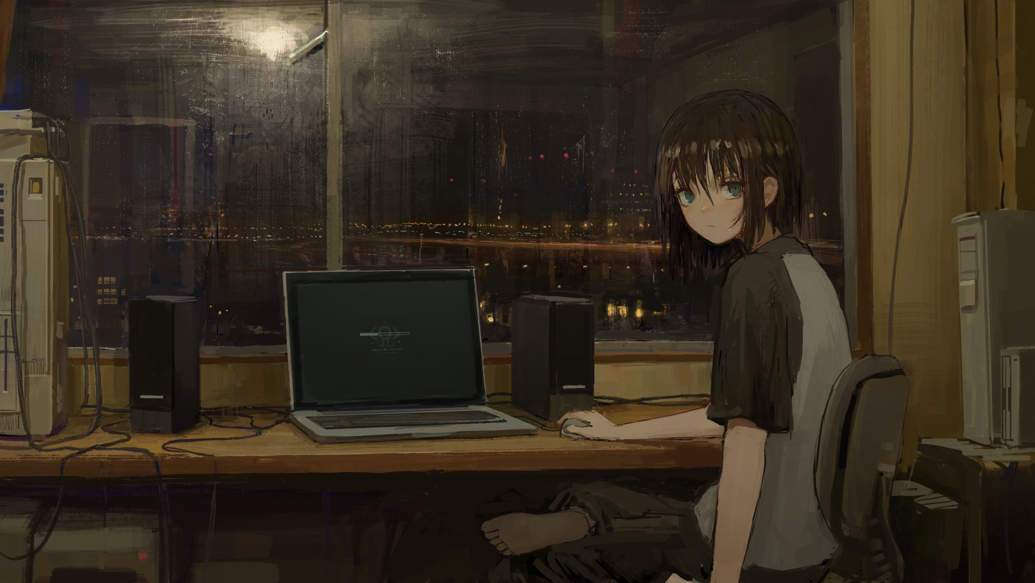 Create a high resolution artwork of anime girl is programming at a laptop  in a room, web developer, by makoto shinkai and ghibli studio, outlined  silhouettes, dramatic lighting - SeaArt AI