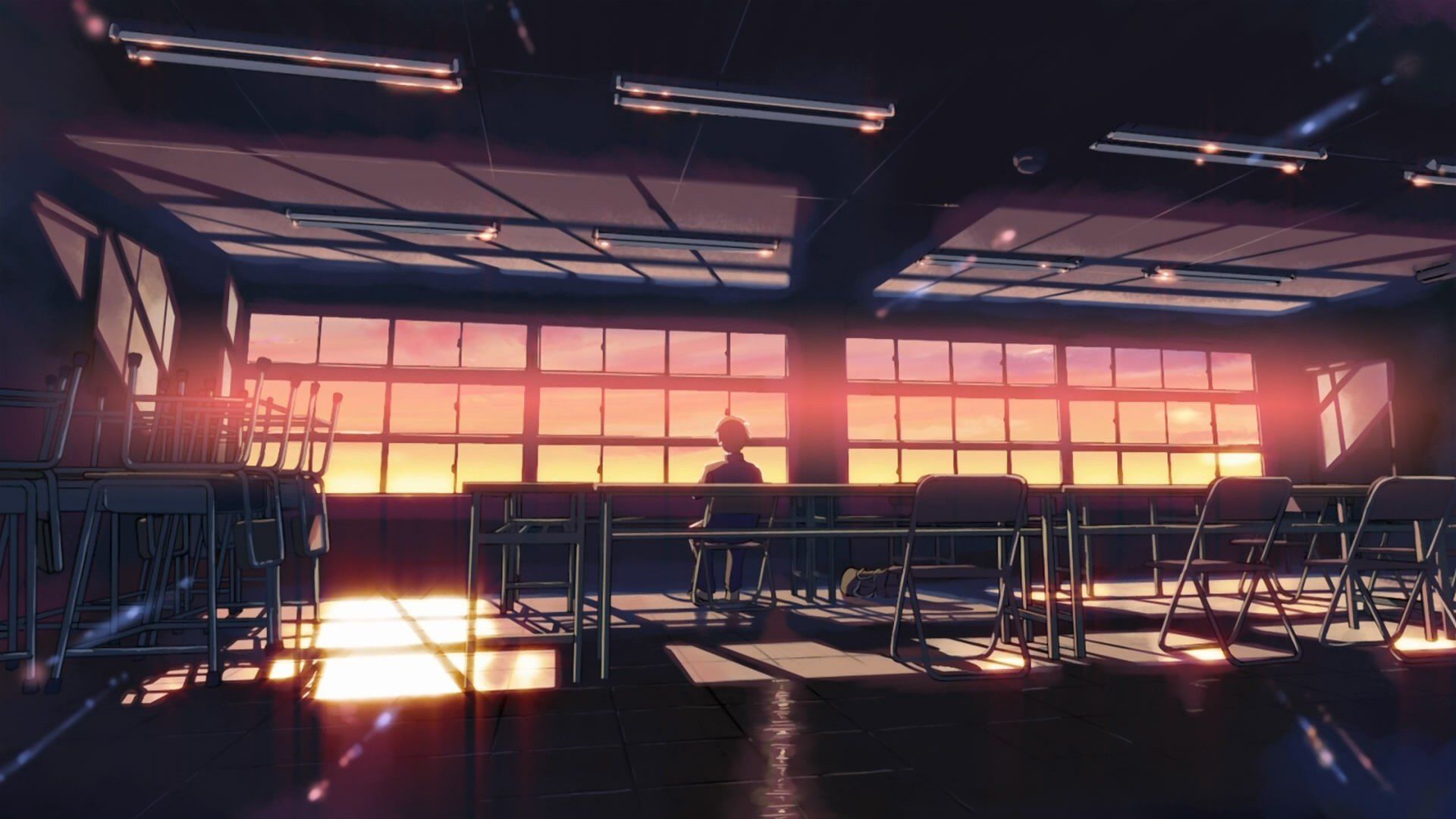 classroom, Anime, 5 Centimeters Per Second, Sunset, Sunlight, Desk