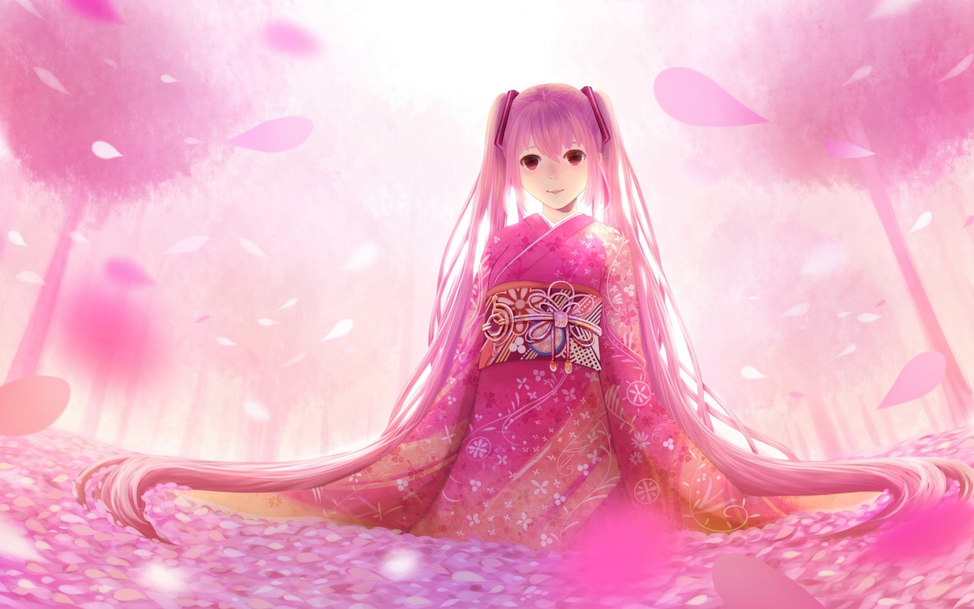 Art Bou Nin vocaloid sakura miku hatsune miku girl cherry pink kimono petals wallpaperx1200