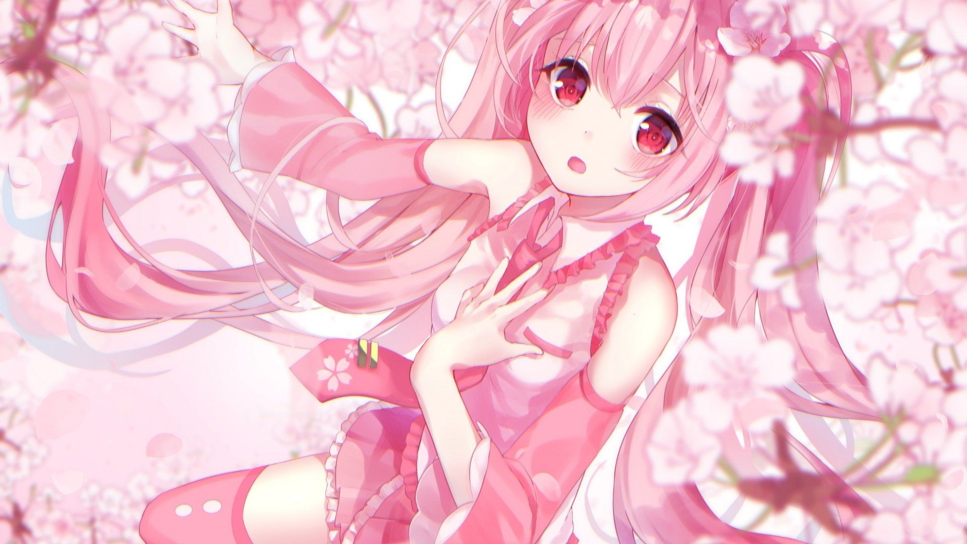Download 1920x1080 Hatsune Miku, Pink Hair, Sakura Blossom