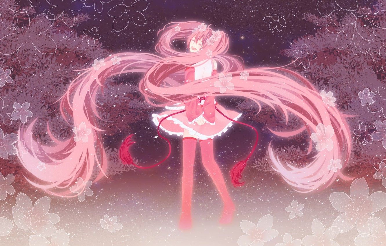 Wallpaper girl, trees, joy, flowers, stockings, anime, petals