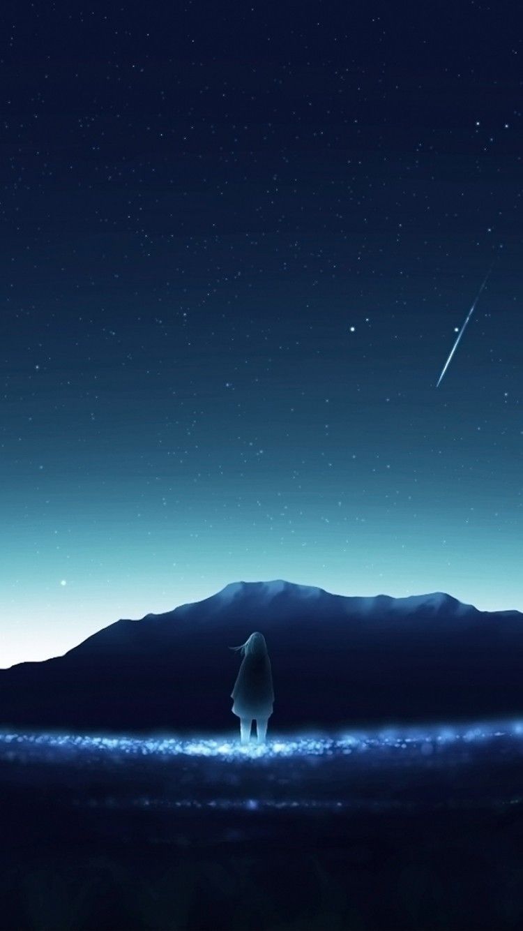 Download 750x1334 Anime Landscape, Night, Girl, Falling Star, Sky