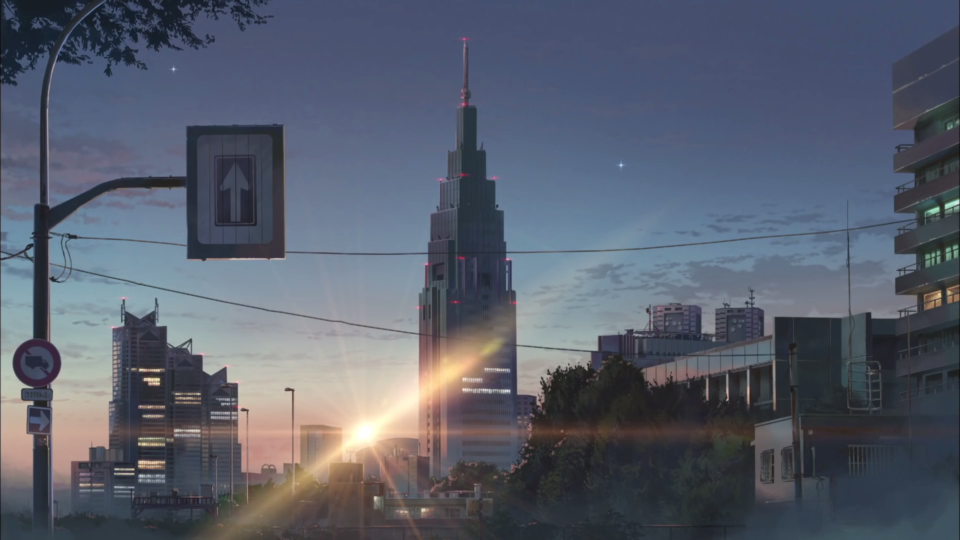 #signs, #anime, #Makoto Shinkai, #flares, #city, #sunset