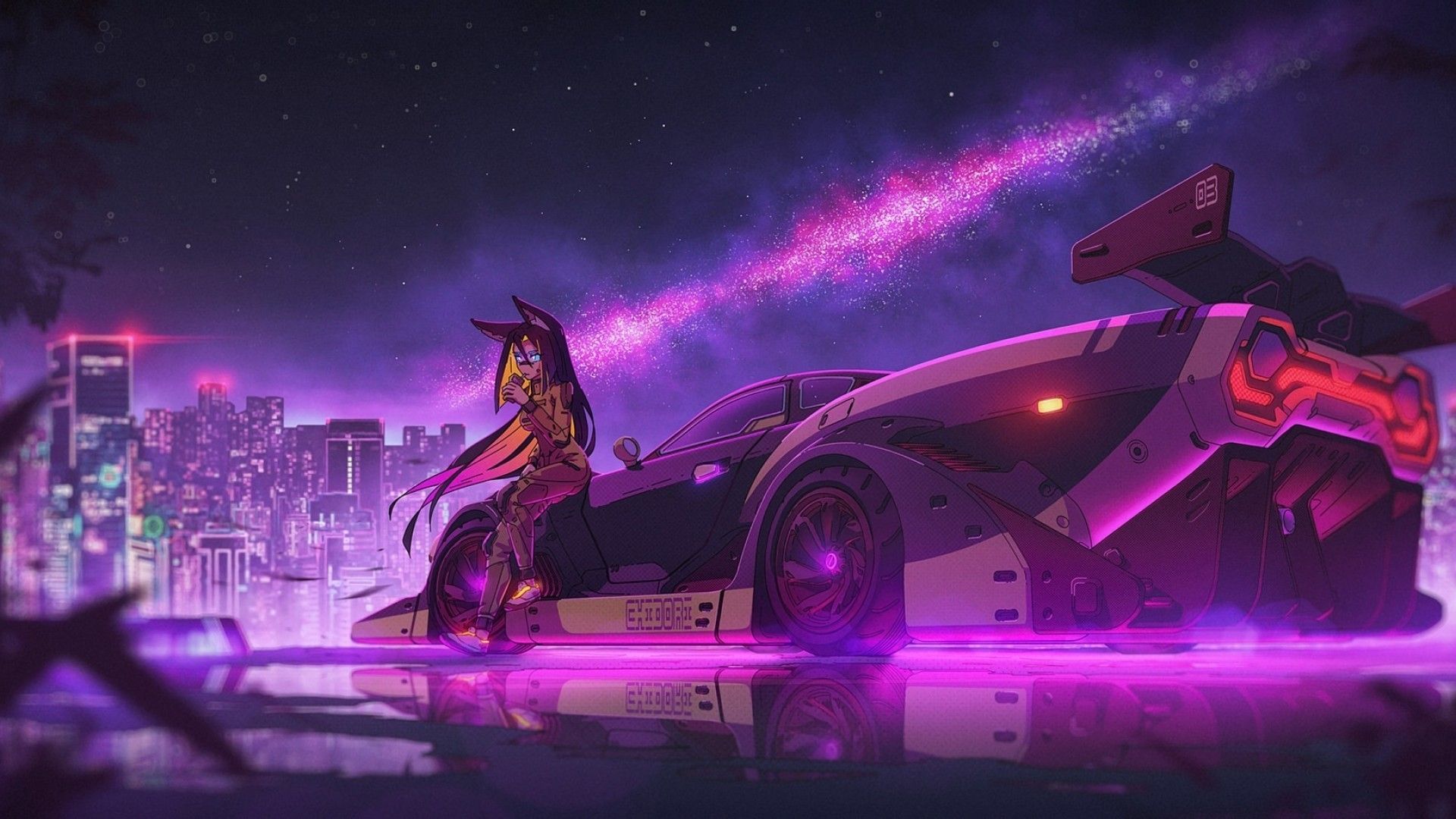 Download 1920x1080 Anime Girl, Futuristic, Sci Fi, Cyberpunk, Bodysuit, Animal Ears, Supercar, Stars, Scenic Wallpaper For Widescreen