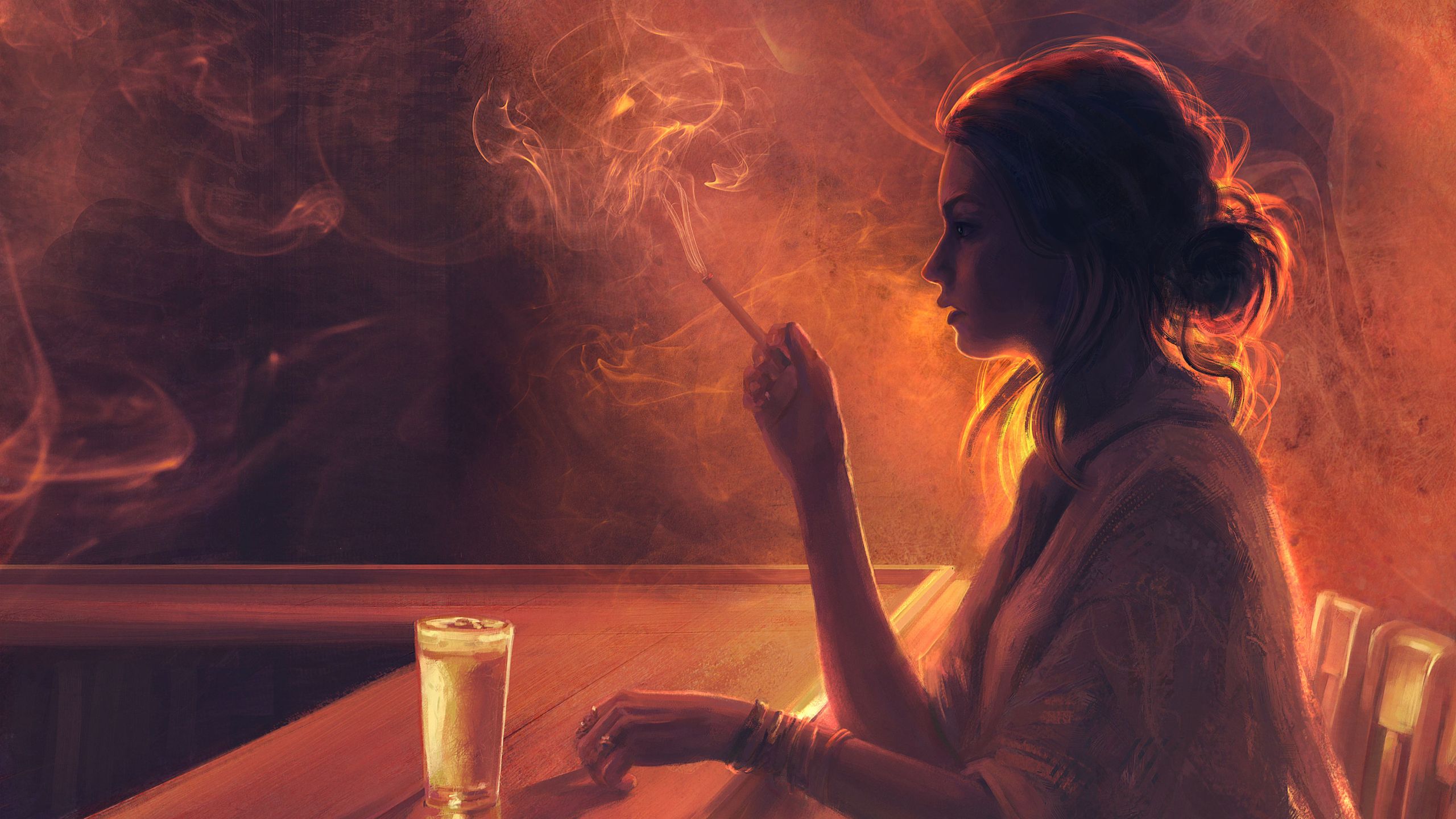 Girl Smoking Artwork 1440P Resolution Wallpaper, HD