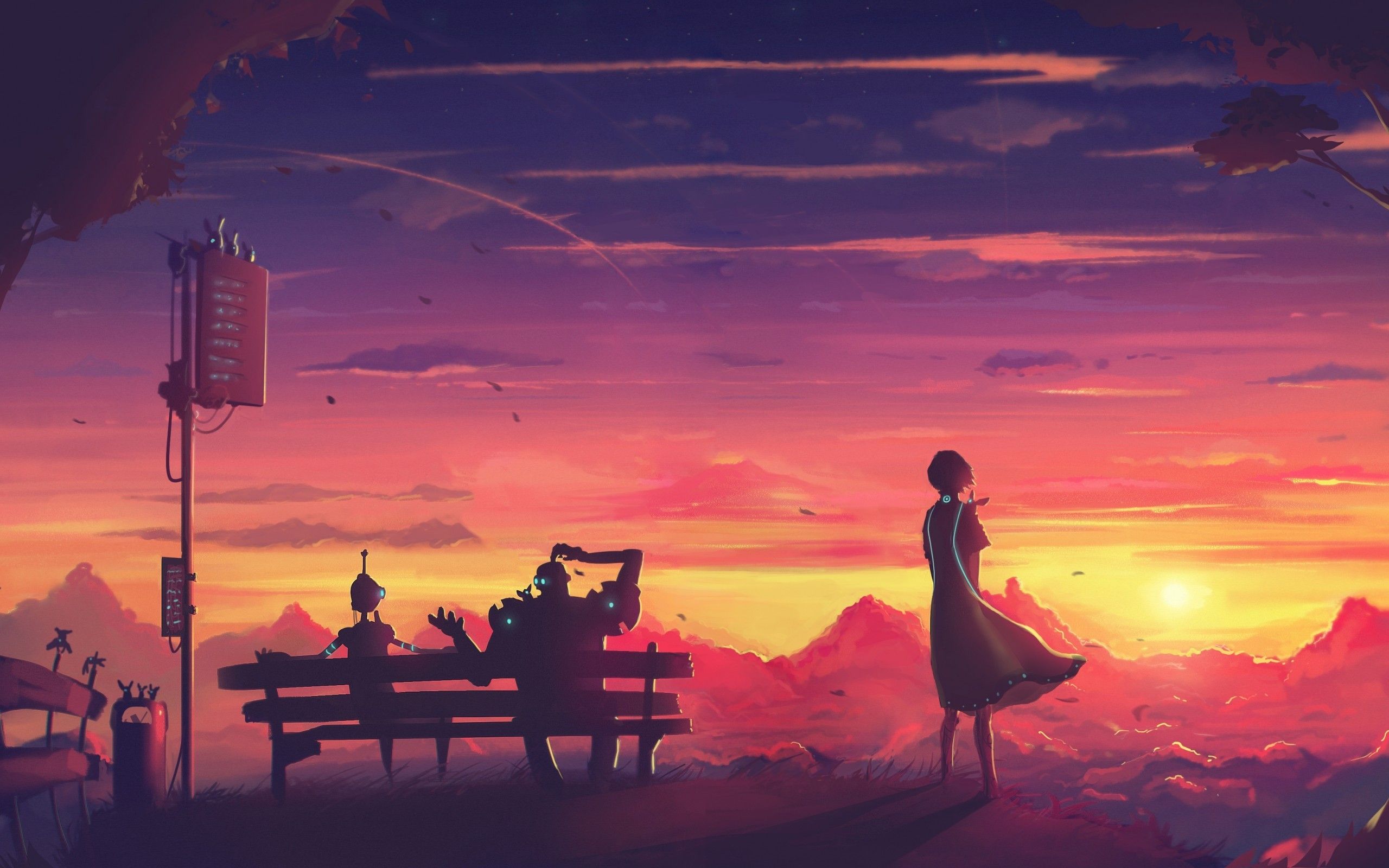 Download 2560x1600 Futuristic Anime Girl, Sunset, Robot, Bench.