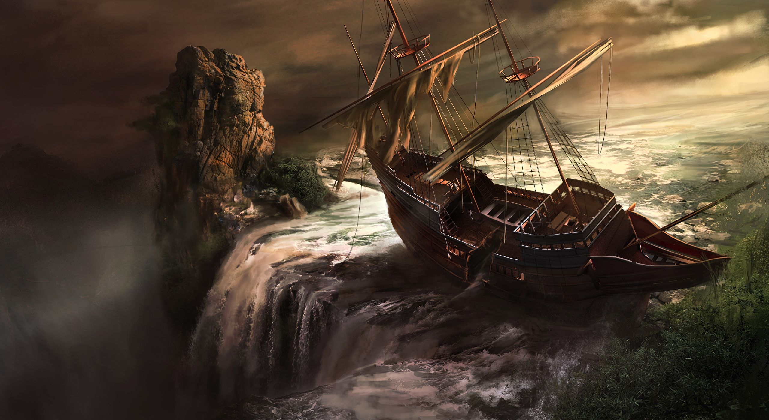 Picture Waterfalls ship Sailing Pictorial art Painting 2560x1400