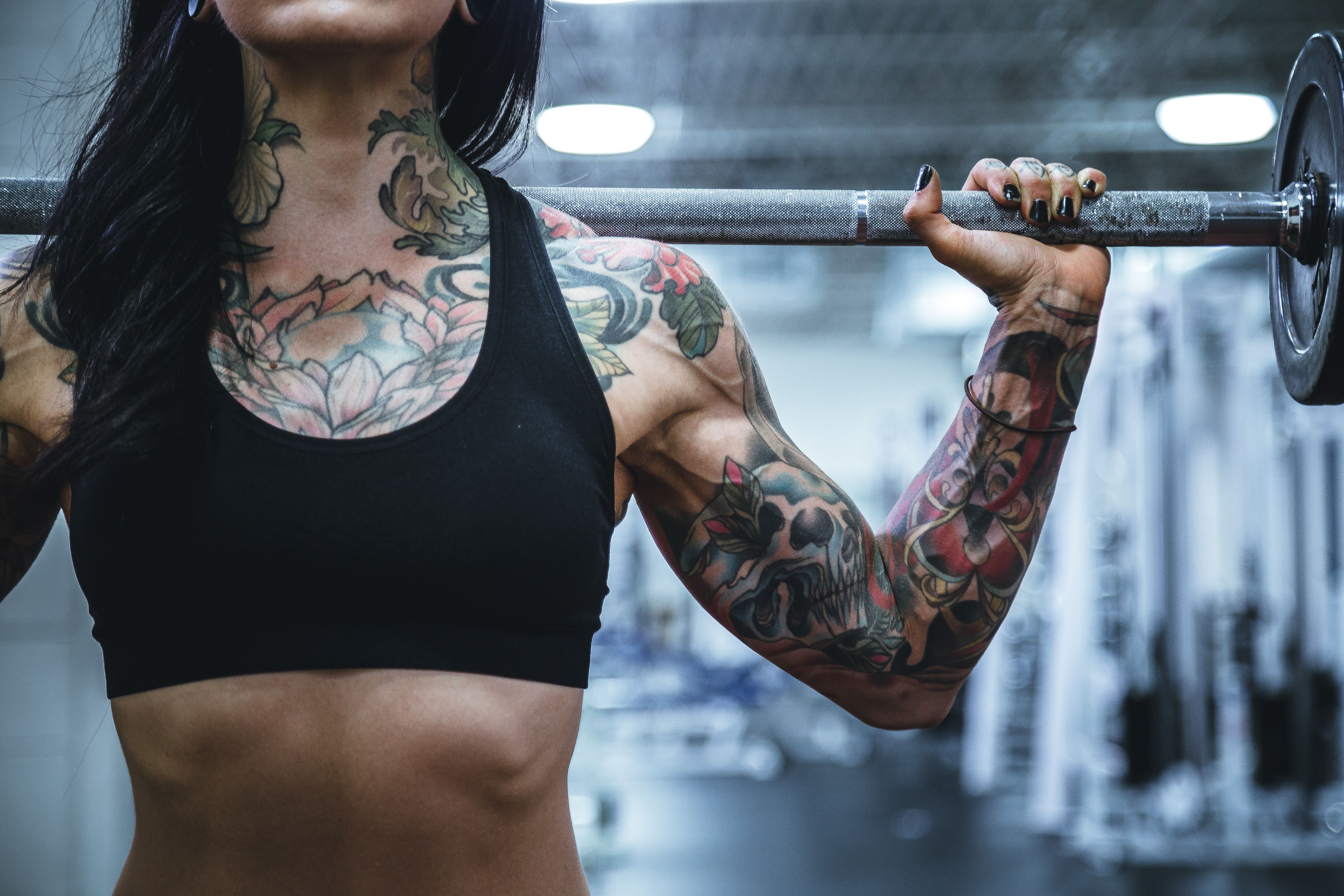 5472x3648 powerlifting, tattoo, style, ab, fitness, skull, Free image, muscle, gym, strength, fashion, female, lunge, weightlifter, body builder, woman, bicep, weight, sportswear, black, workout. Mocah.org HD Desktop Wallpaper